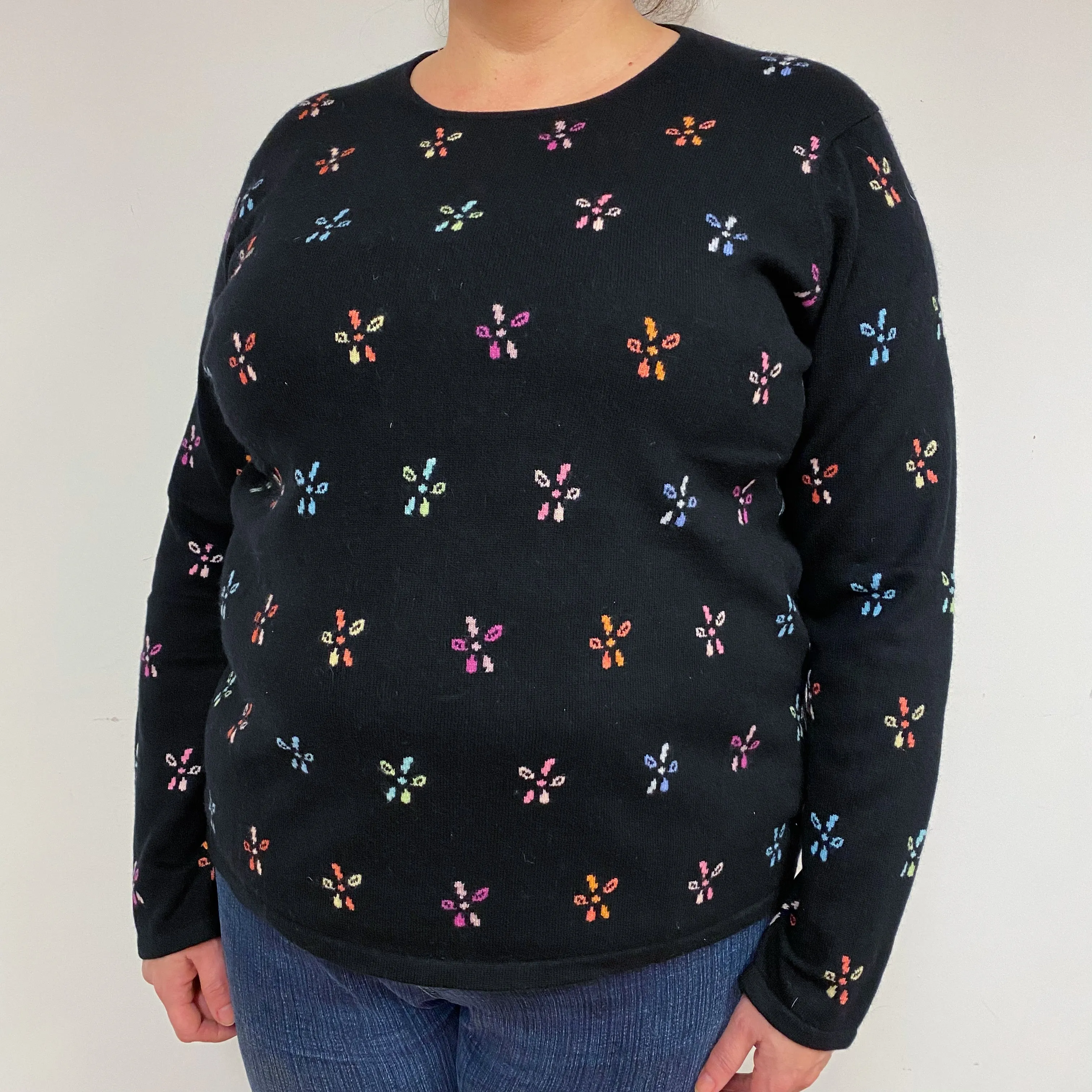 Black Floral Cashmere Crew Neck Jumper Extra Large
