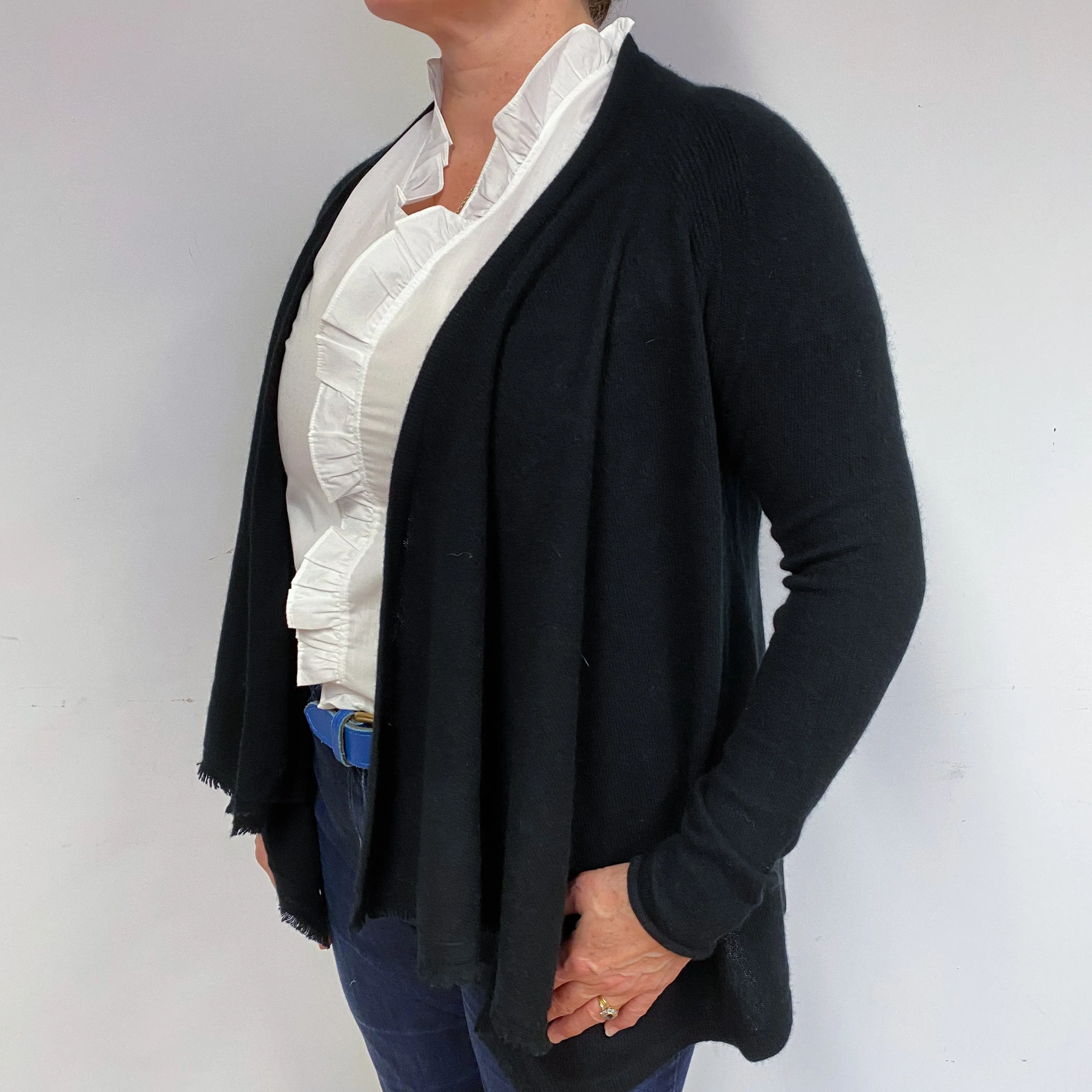 Black Fringed Cashmere Waterfall Cardigan Large