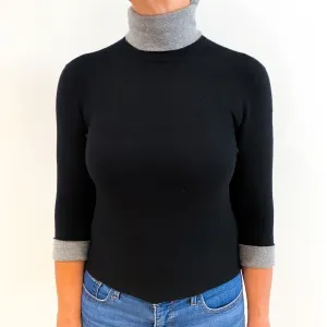 Black Grey 3/4 Sleeve Cashmere Polo Neck Jumper Medium