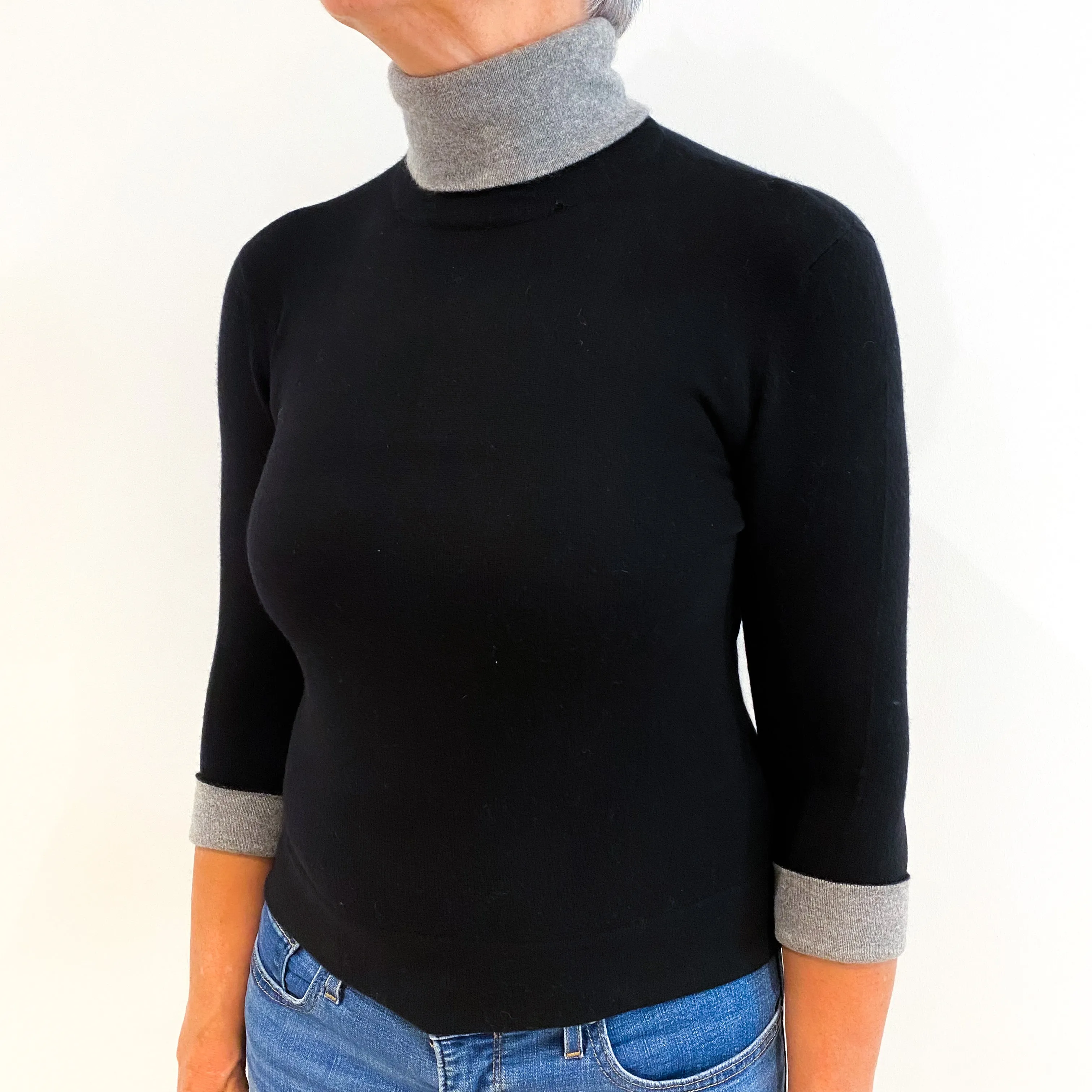 Black Grey 3/4 Sleeve Cashmere Polo Neck Jumper Medium