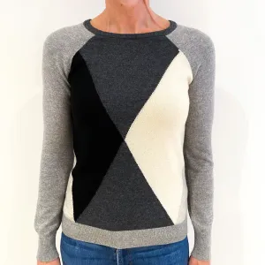 Black, Grey and Cream Colour Block Cashmere Crew Neck Jumper Small