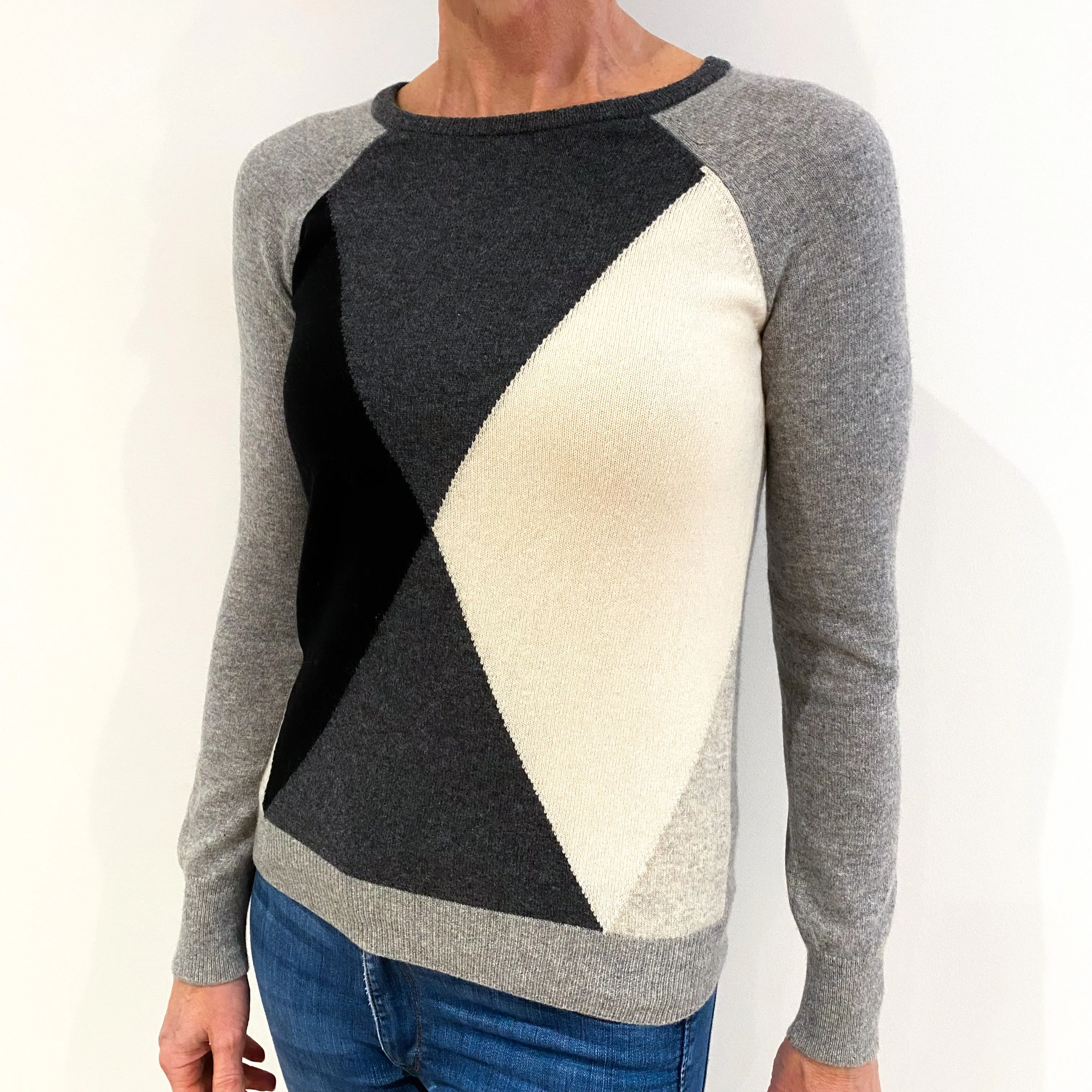 Black, Grey and Cream Colour Block Cashmere Crew Neck Jumper Small