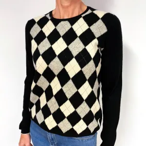 Black Grey Diamond Cashmere Crew Neck Jumper Medium