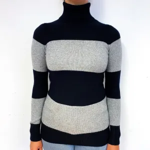 Black Grey Striped Cashmere Polo Neck Jumper Small