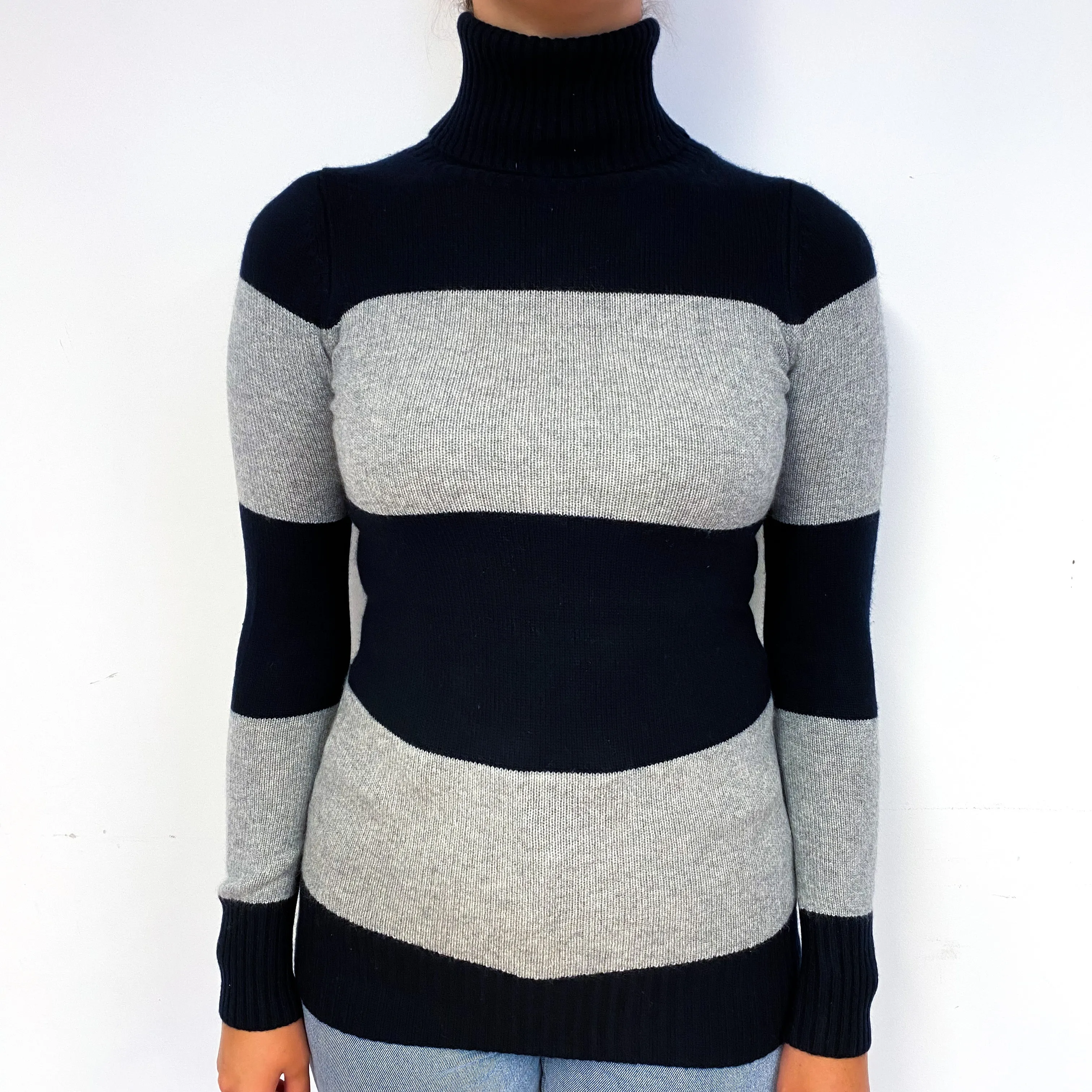 Black Grey Striped Cashmere Polo Neck Jumper Small