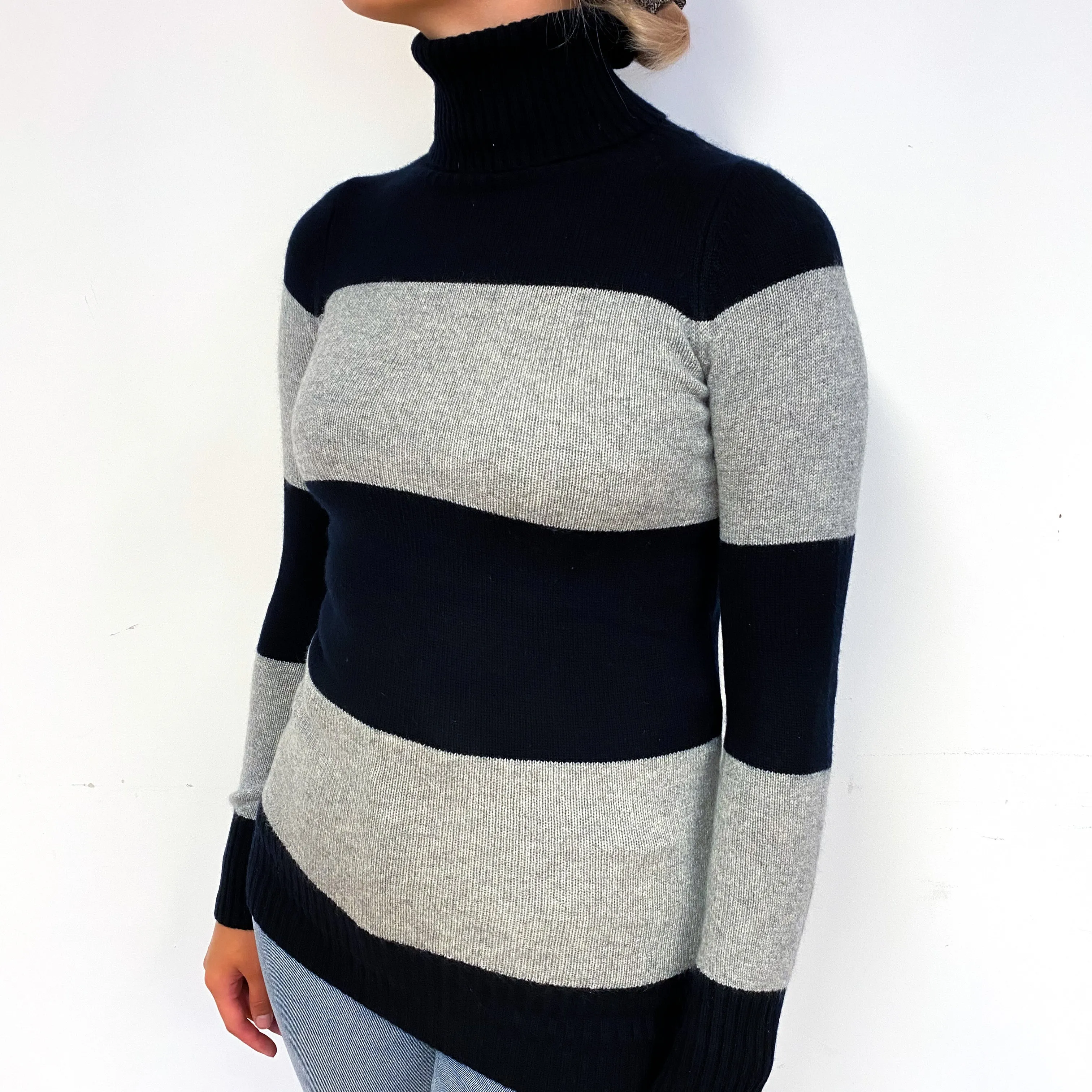 Black Grey Striped Cashmere Polo Neck Jumper Small