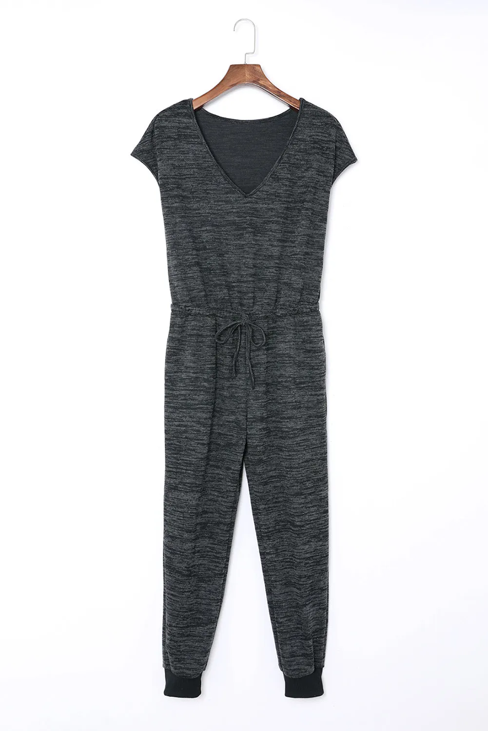 Black Heather Short Sleeve Drawstring High Waist Jumpsuit