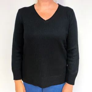 Black Heavy Knit Cashmere V-Neck Jumper Large