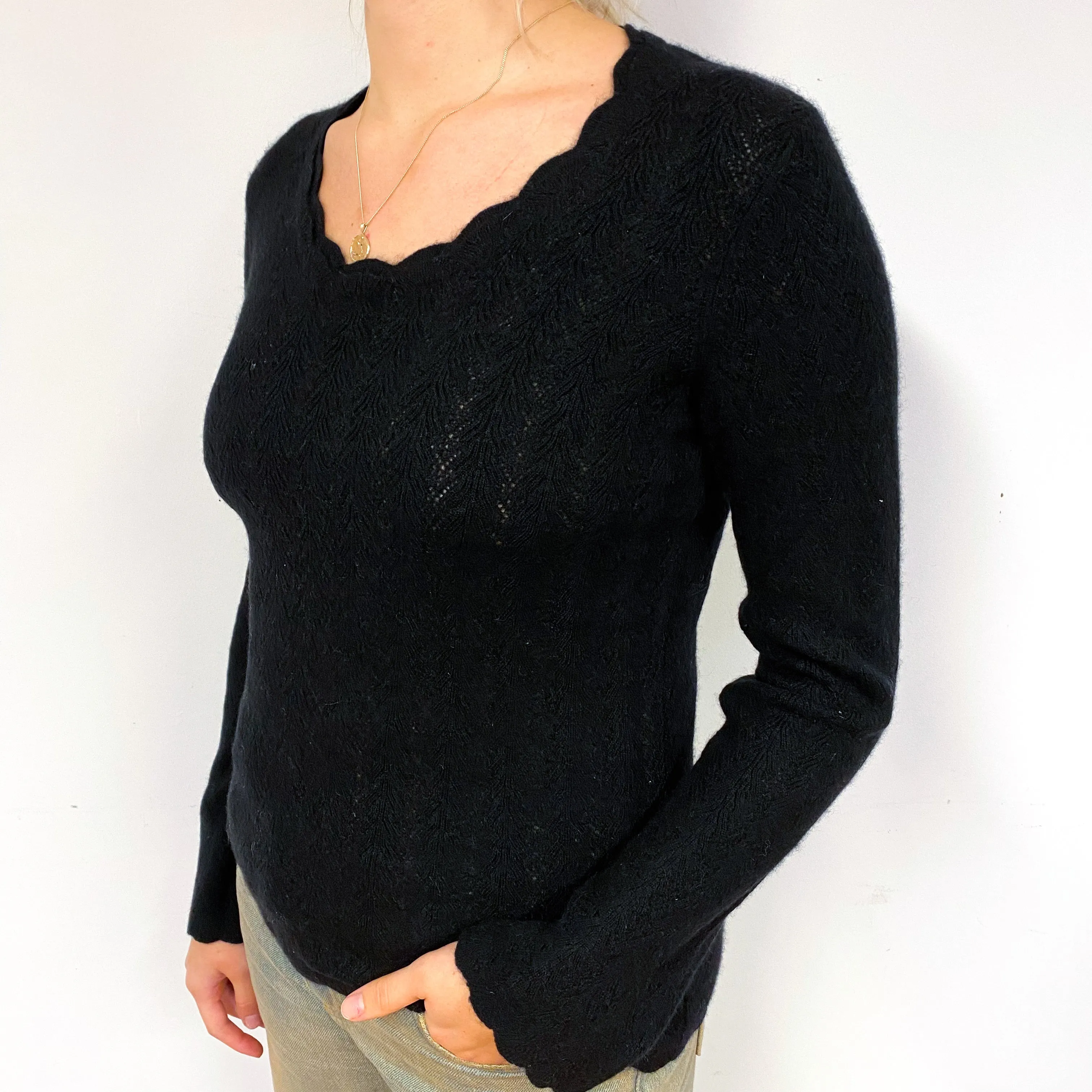 Black Lace Knit Cashmere Crew Neck Jumper Small