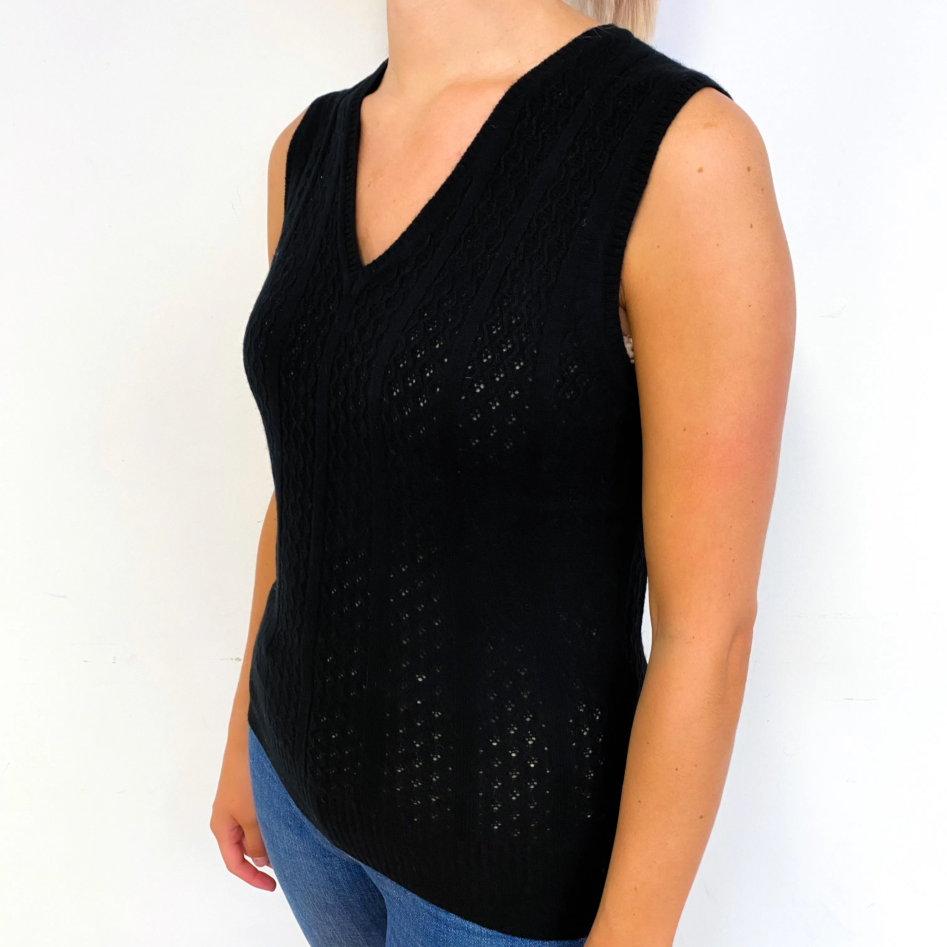 Black Lace Knit Cashmere V-Neck Tank Top Small