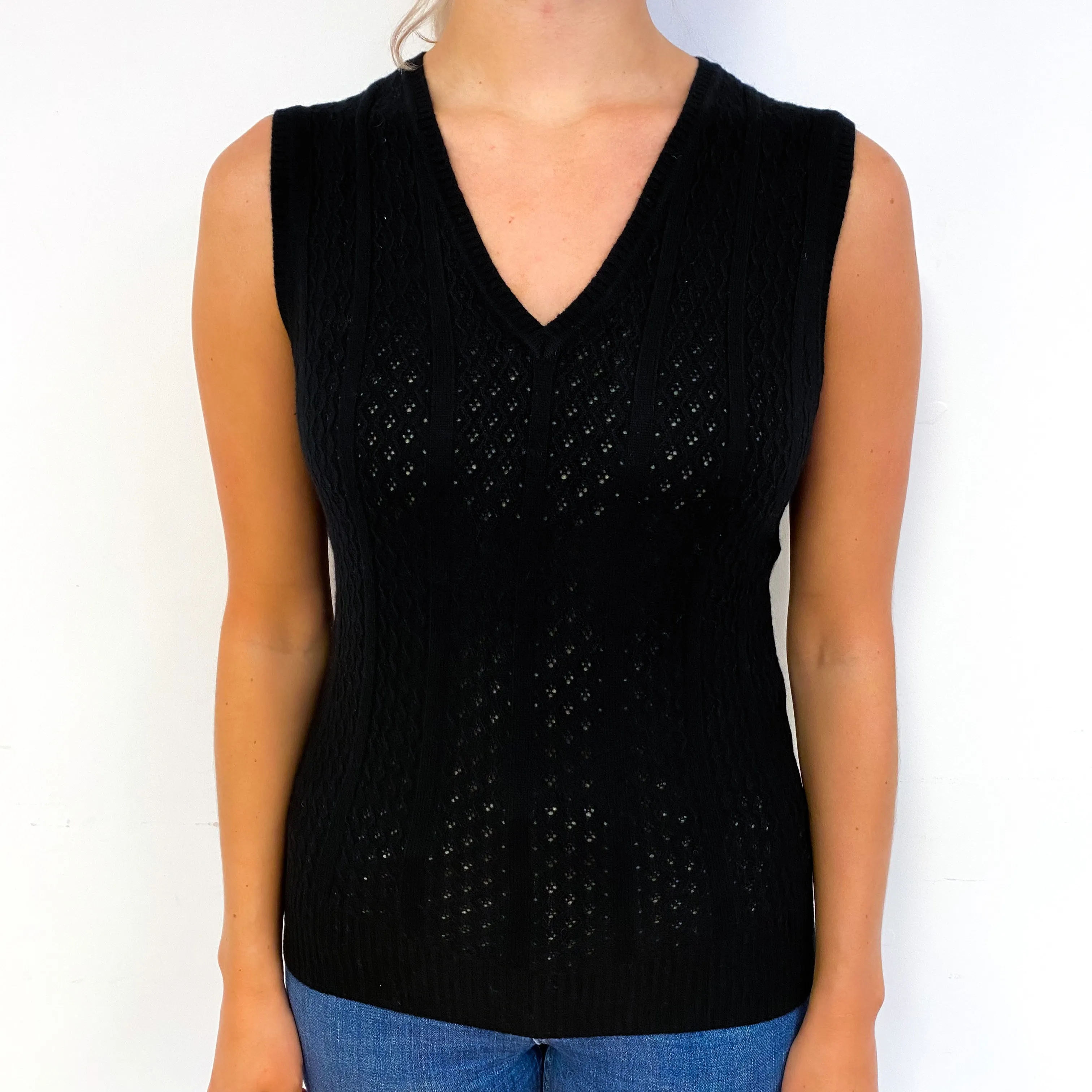 Black Lace Knit Cashmere V-Neck Tank Top Small