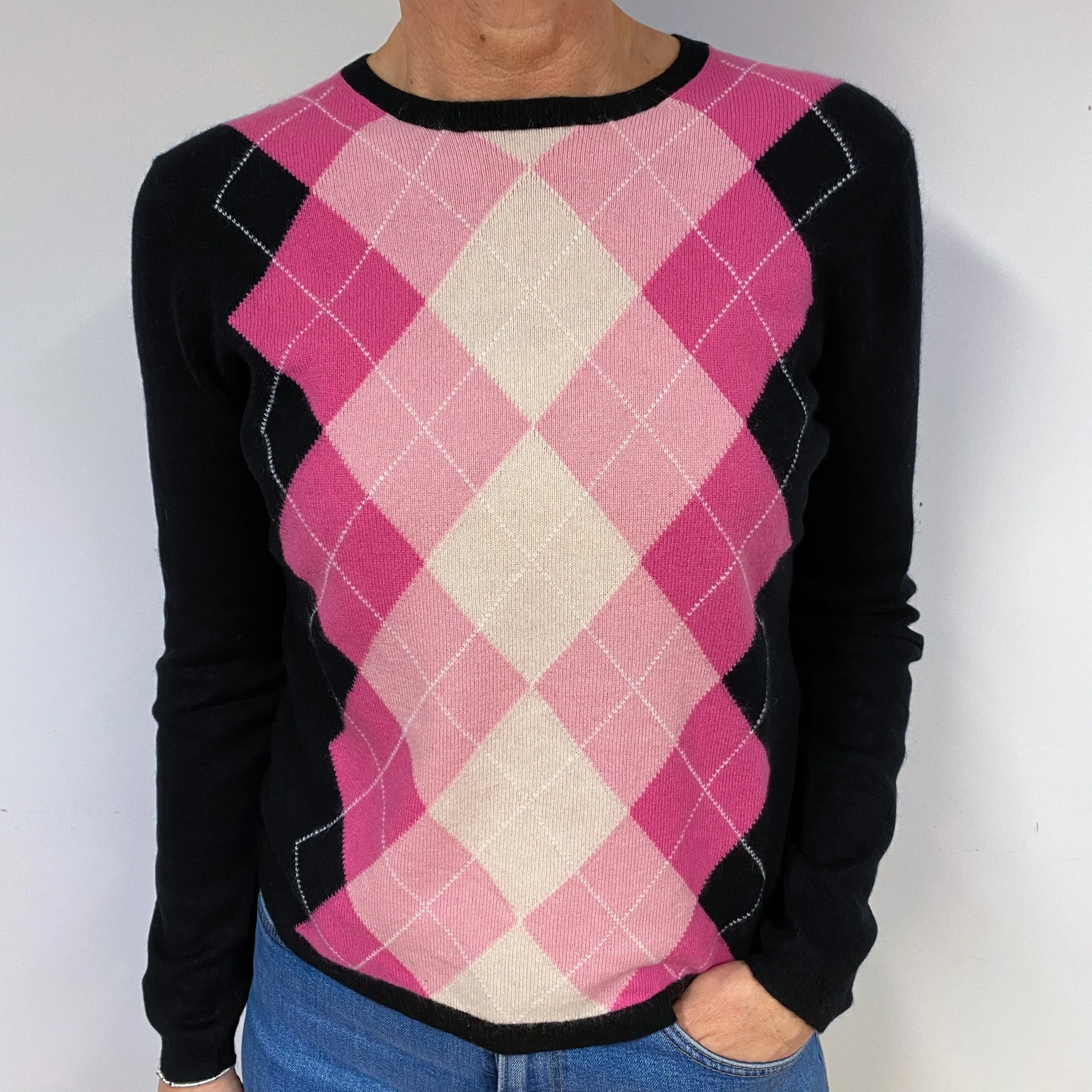 Black Pink Diamond Cashmere Crew Neck Jumper Medium
