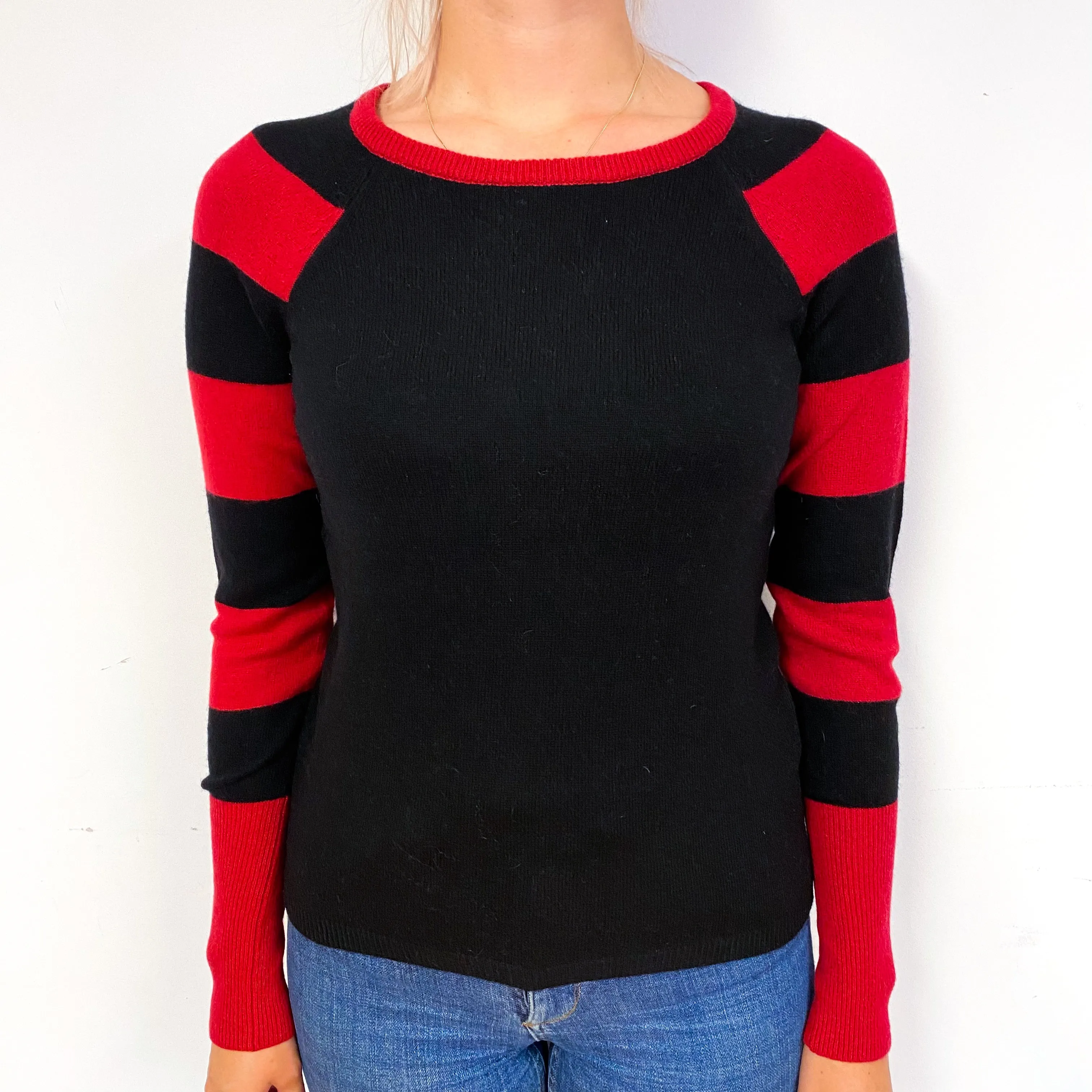 Black Red Stripe Cashmere Crew Neck Jumper Small