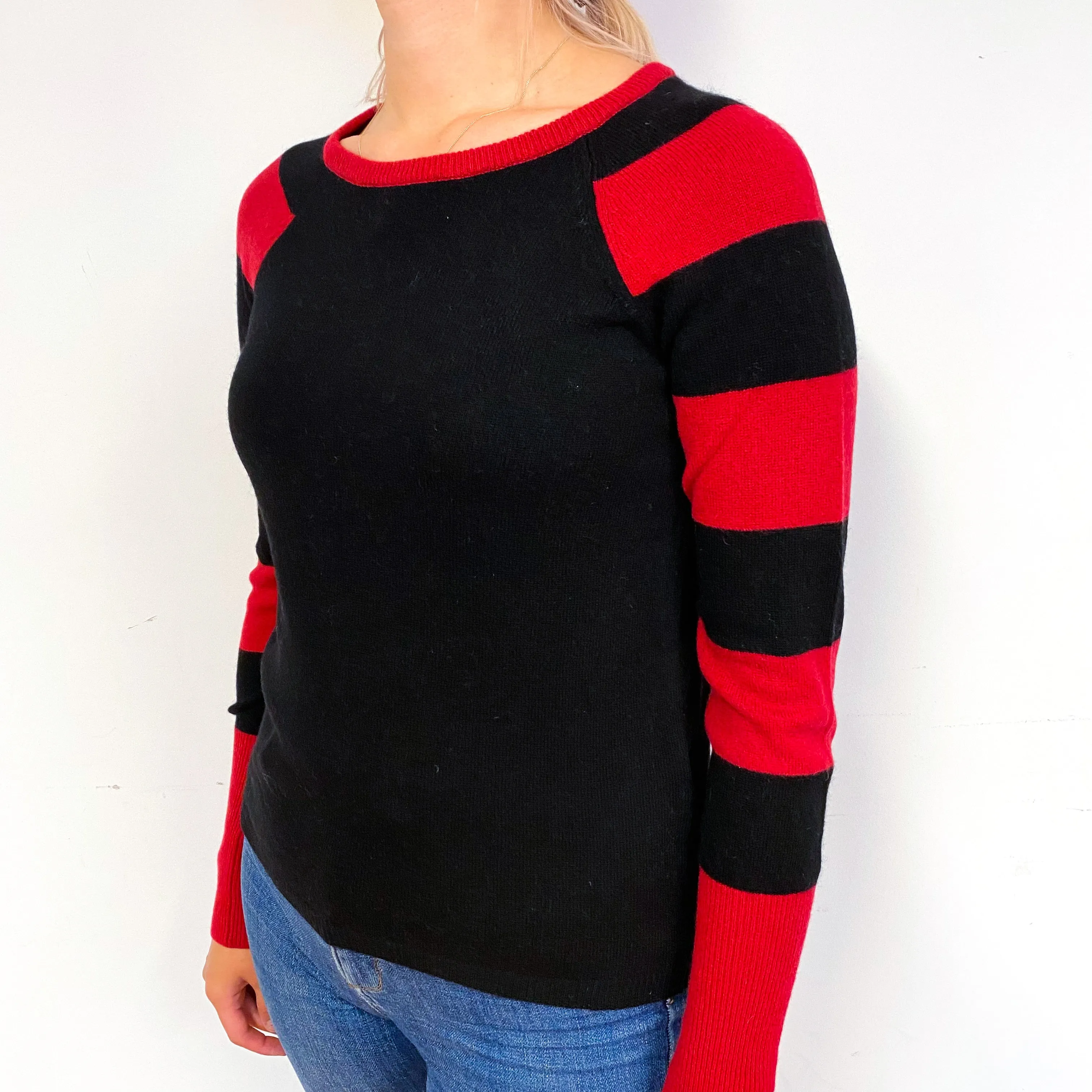 Black Red Stripe Cashmere Crew Neck Jumper Small