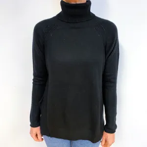 Black Ribbed Detail Cashmere Polo Neck Jumper Medium