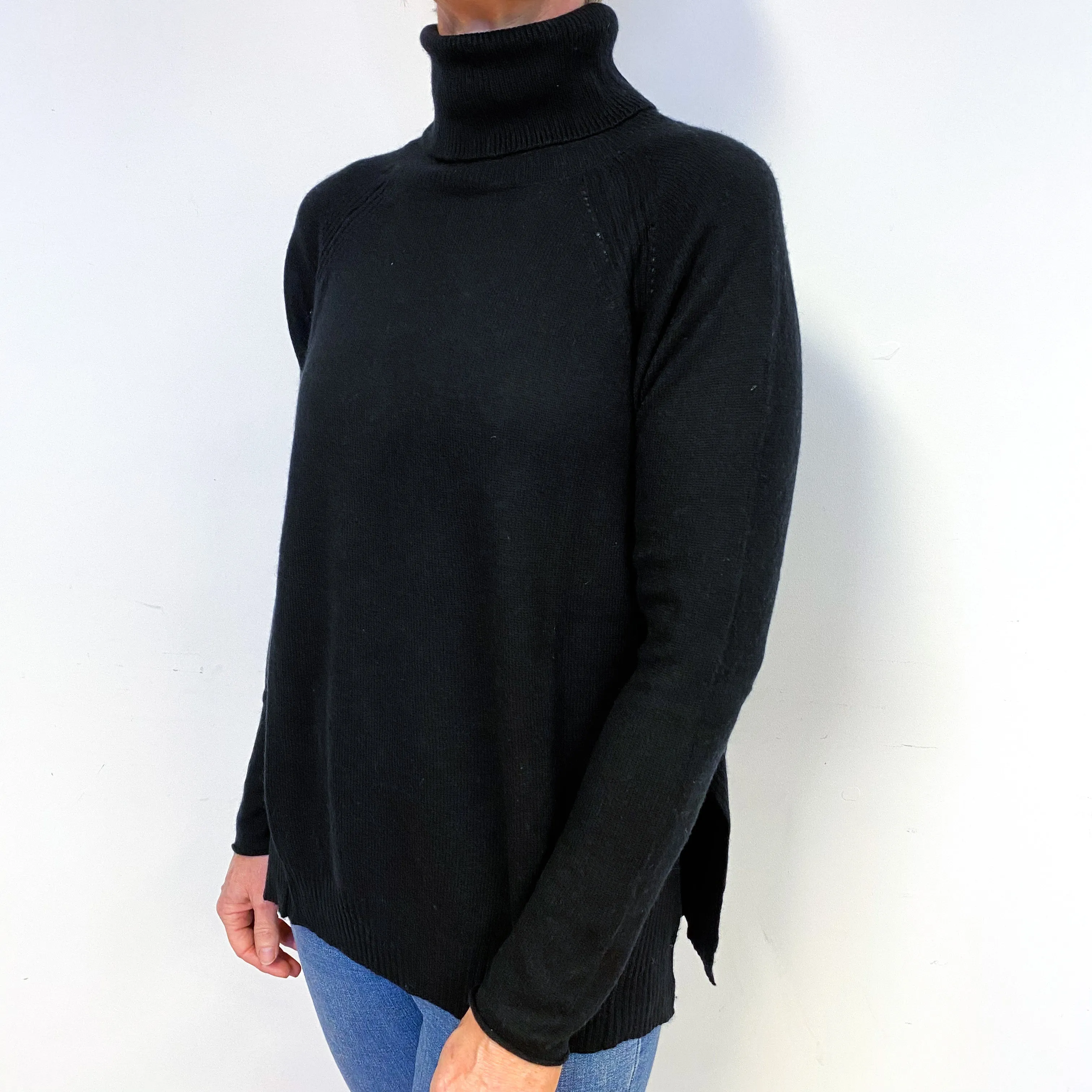 Black Ribbed Detail Cashmere Polo Neck Jumper Medium