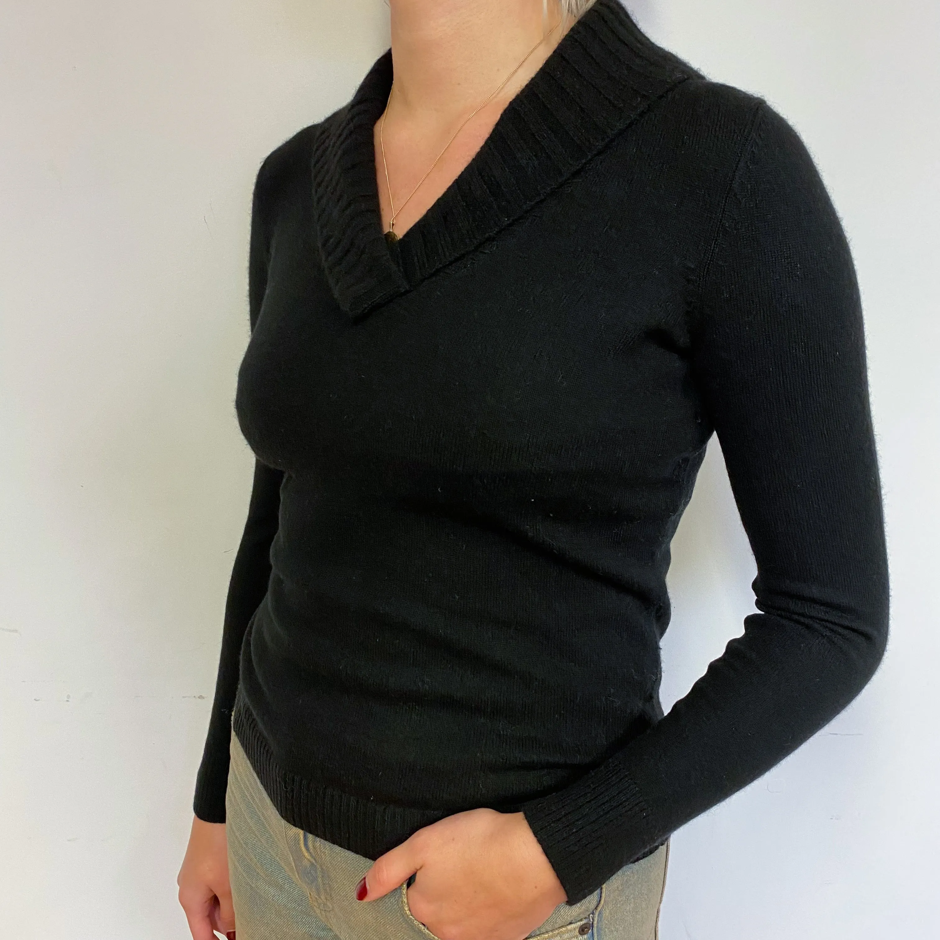 Black Shawl Collar Cashmere V-Neck Jumper Small