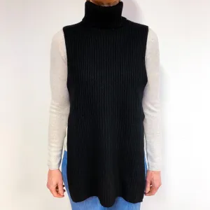 Black Sleeveless Cashmere Polo Neck Jumper Medium