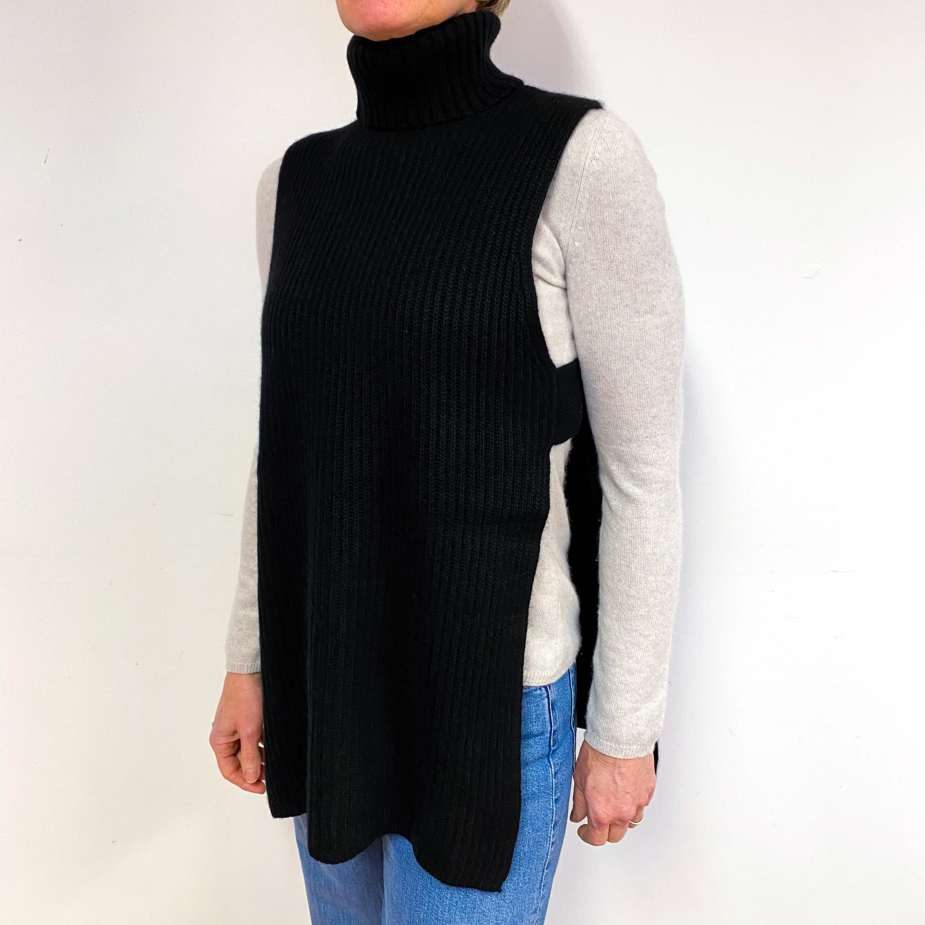 Black Sleeveless Cashmere Polo Neck Jumper Medium