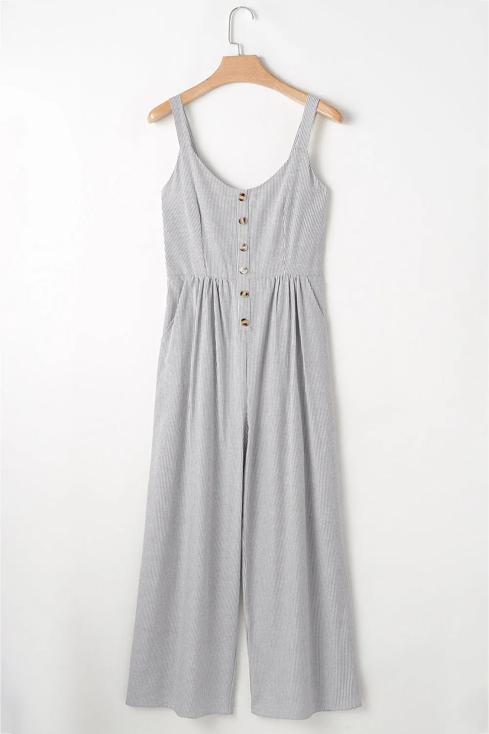 Black Stripe Half Buttoned Sleeveless Wide Leg Jumpsuit