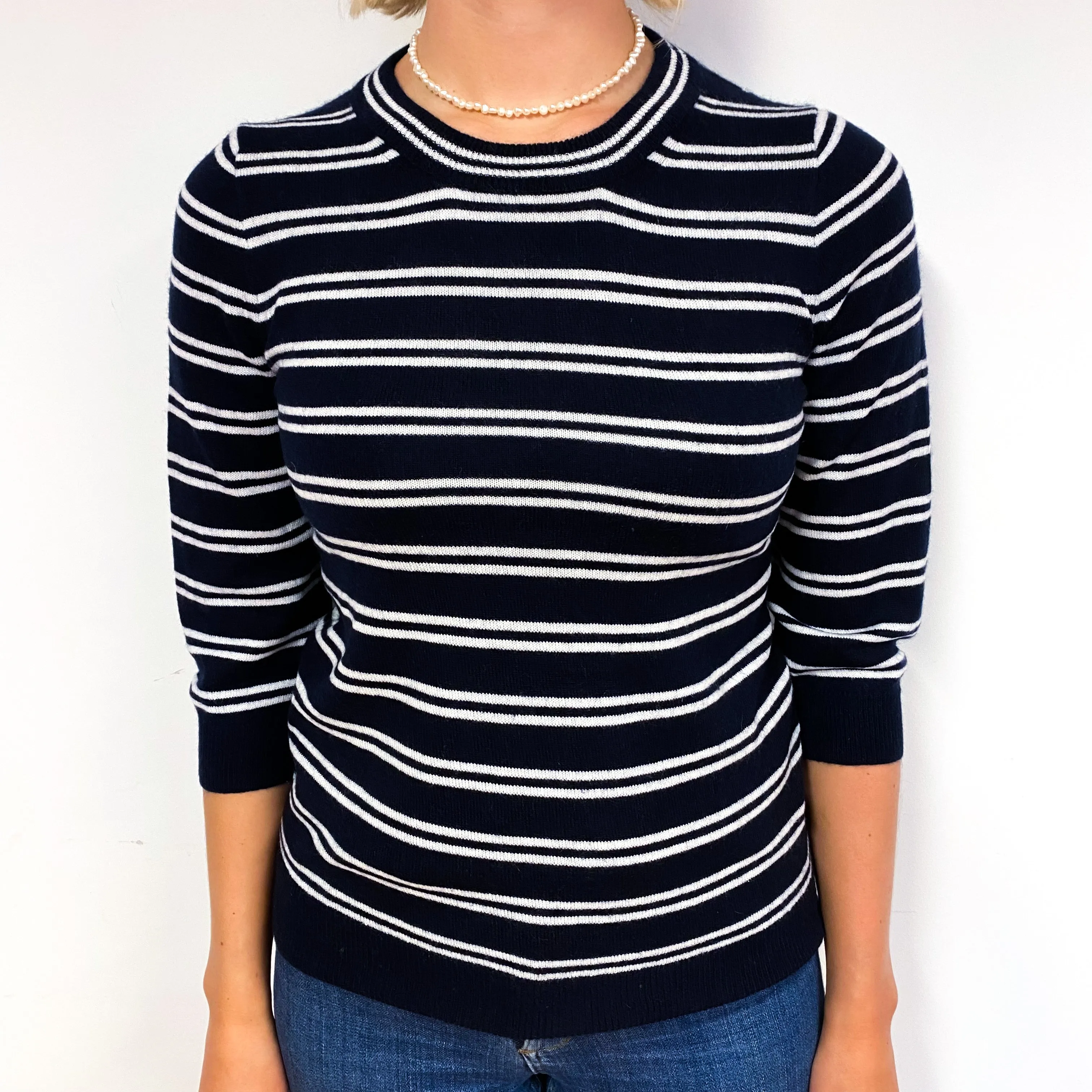 Black White Stripe 3/4 Sleeve Cashmere Crew Neck Jumper Small