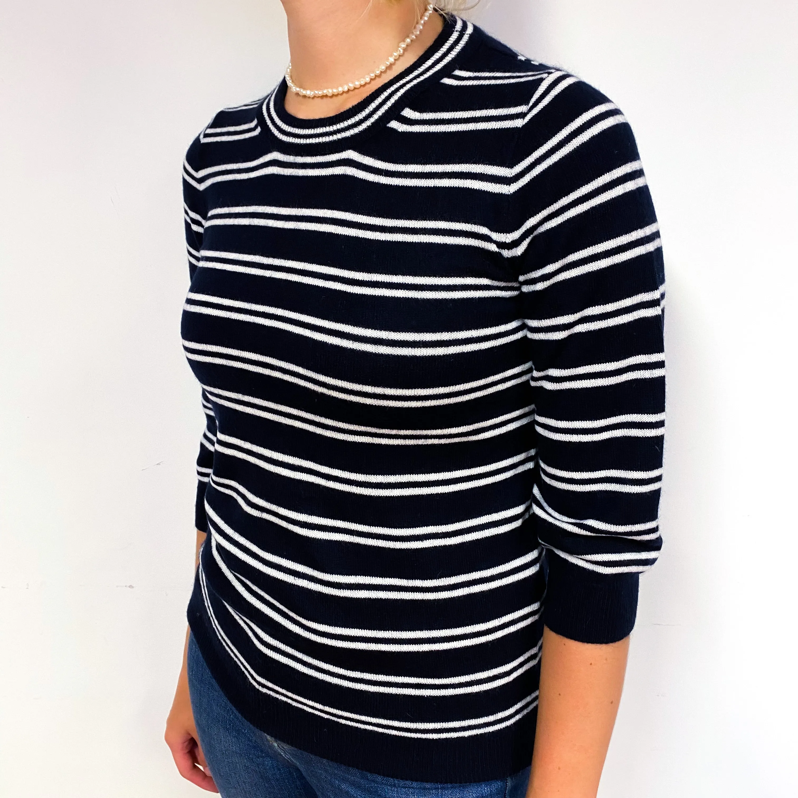 Black White Stripe 3/4 Sleeve Cashmere Crew Neck Jumper Small