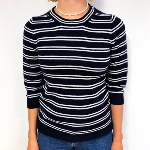 Black White Stripe 3/4 Sleeve Cashmere Crew Neck Jumper Small