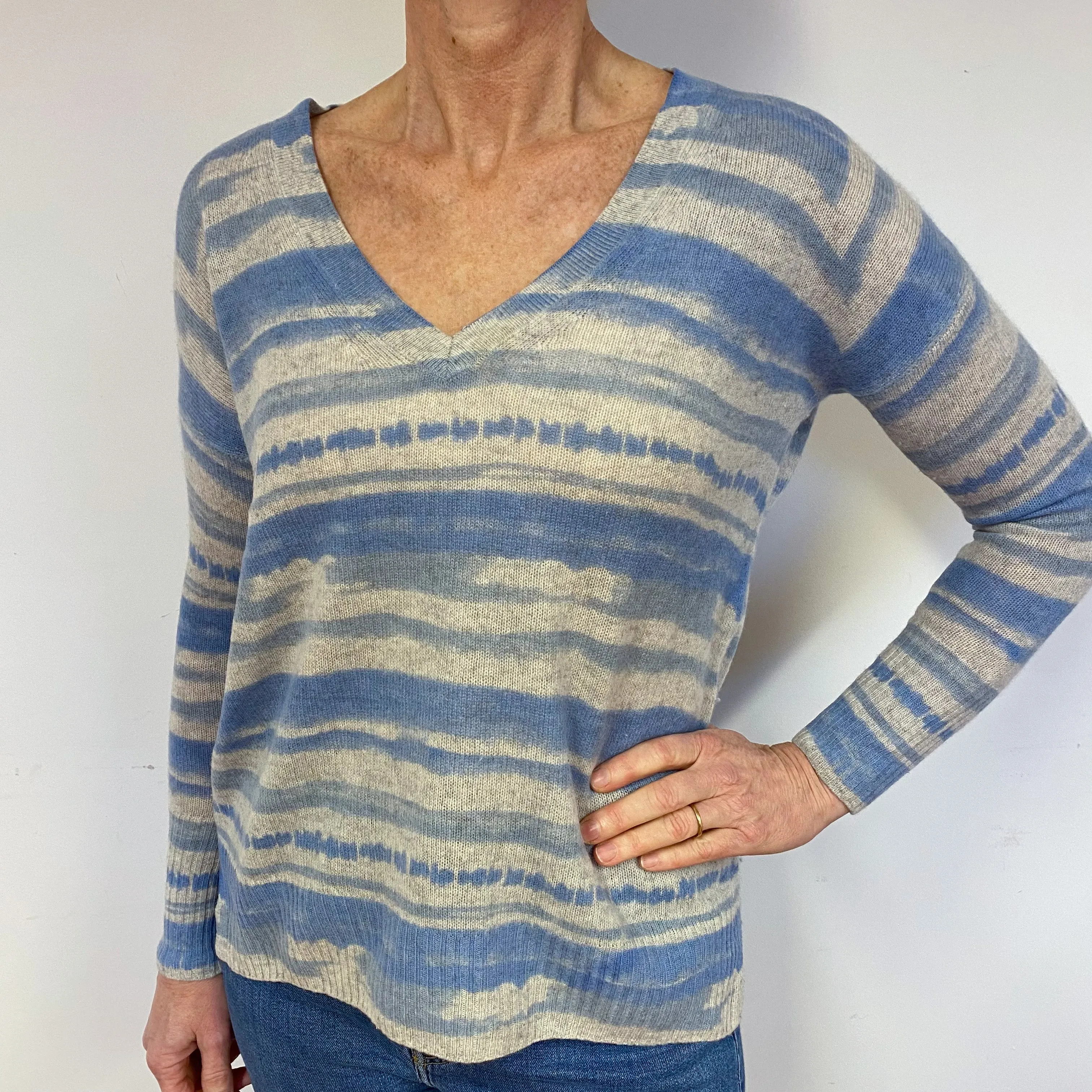 Blue and Grey Stripe Cashmere V-Neck Jumper Medium