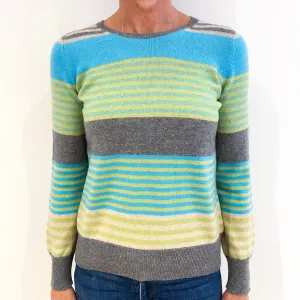 Blue, Green and Grey Striped Cashmere Crew Neck Jumper Small