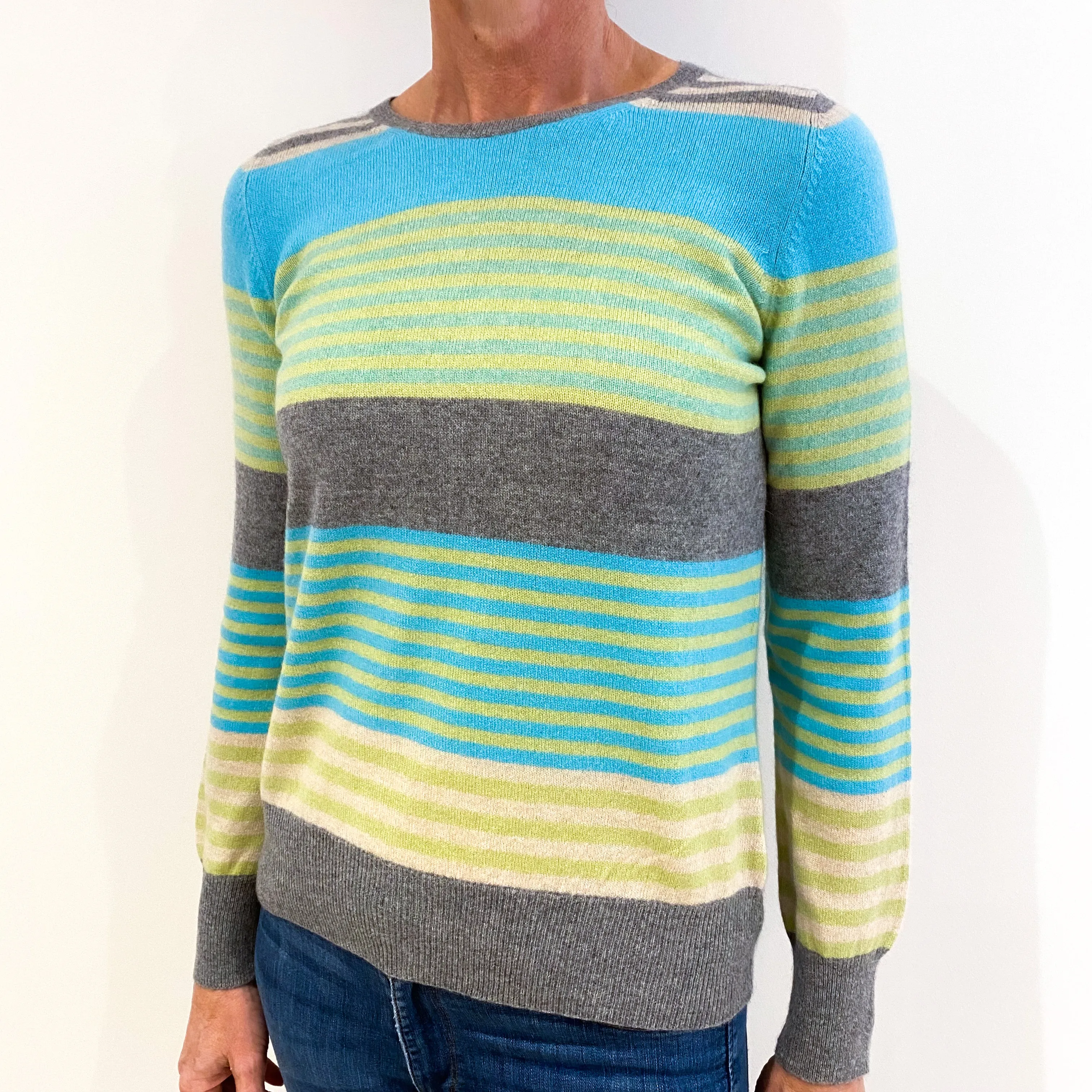 Blue, Green and Grey Striped Cashmere Crew Neck Jumper Small