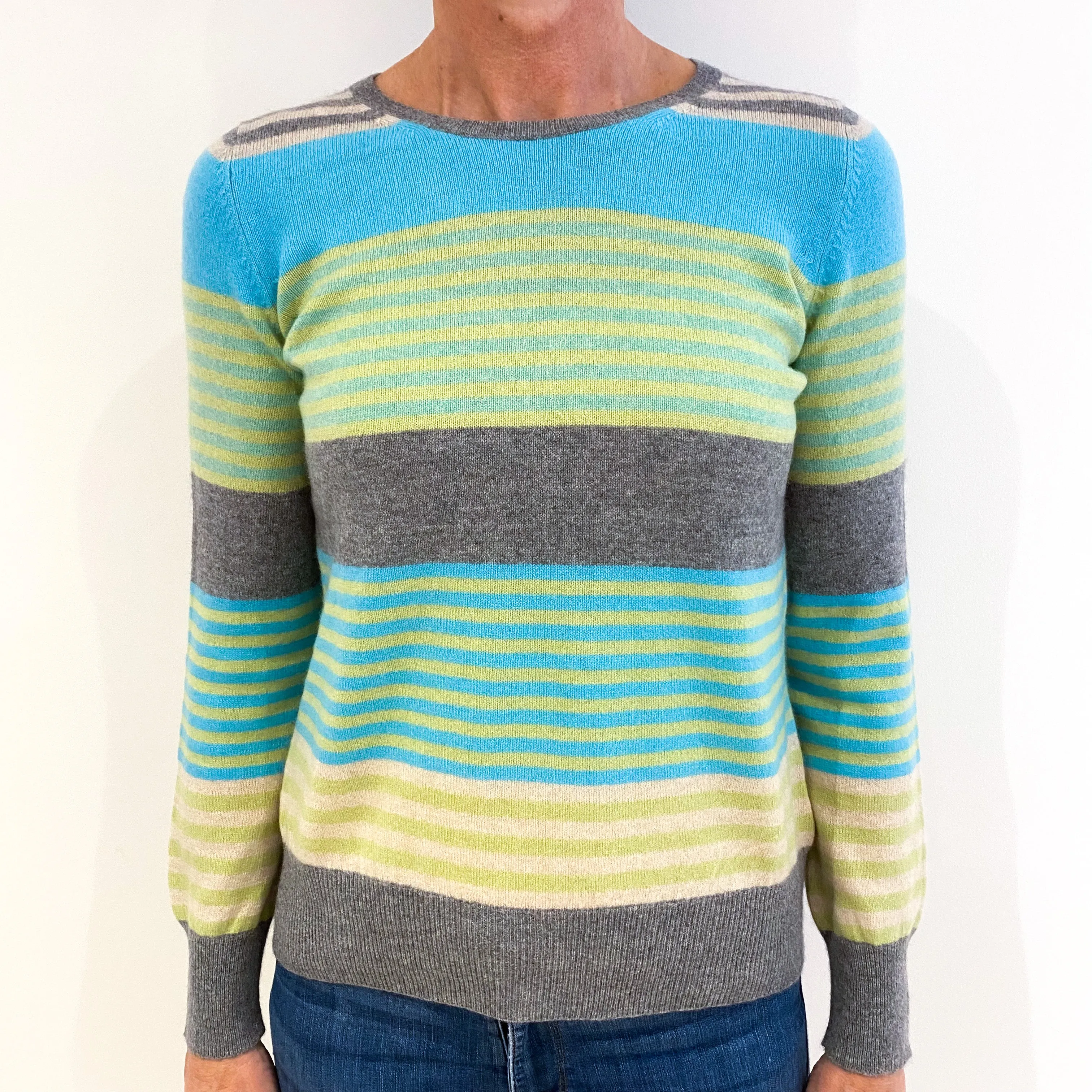 Blue, Green and Grey Striped Cashmere Crew Neck Jumper Small