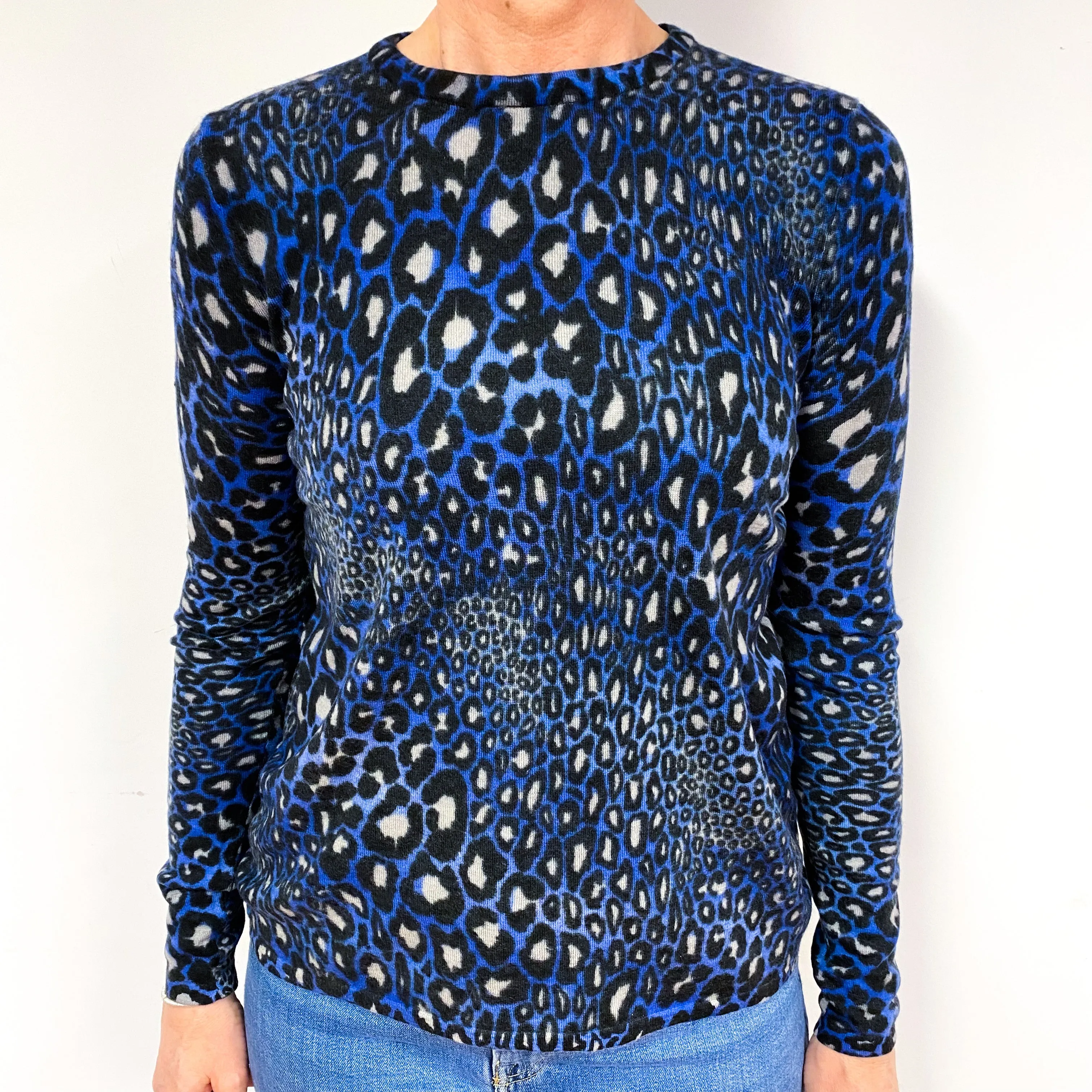 Blue Leopard Print Fine Knit Cashmere Crew Neck Jumper Medium