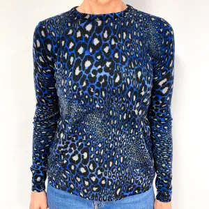 Blue Leopard Print Fine Knit Cashmere Crew Neck Jumper Medium