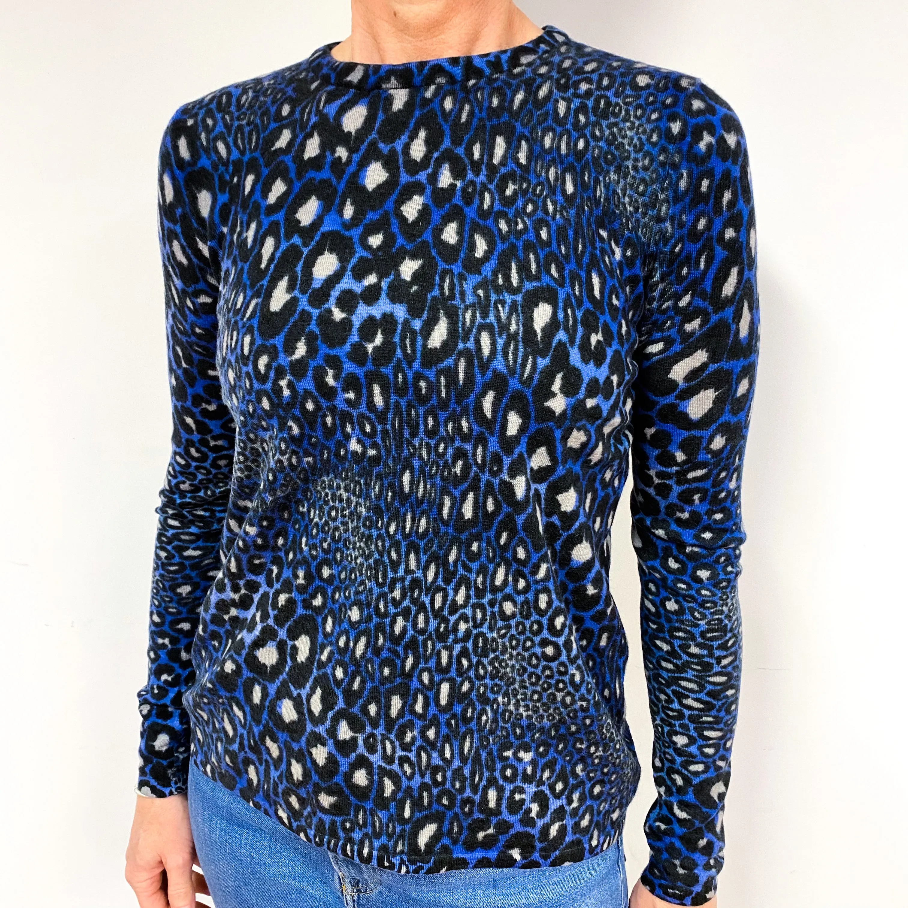 Blue Leopard Print Fine Knit Cashmere Crew Neck Jumper Medium