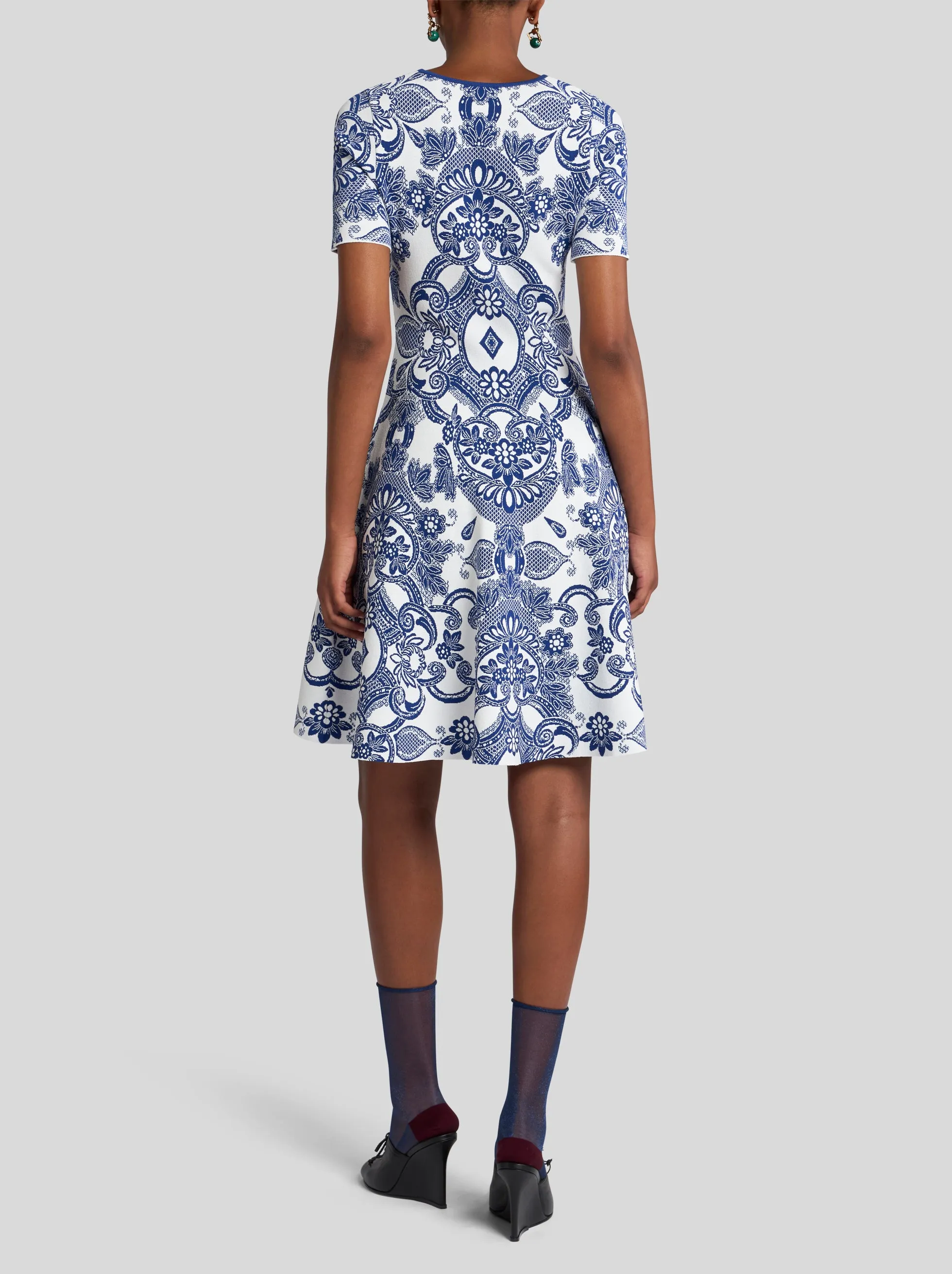 Blue Print Fit and Flare Knit Dress
