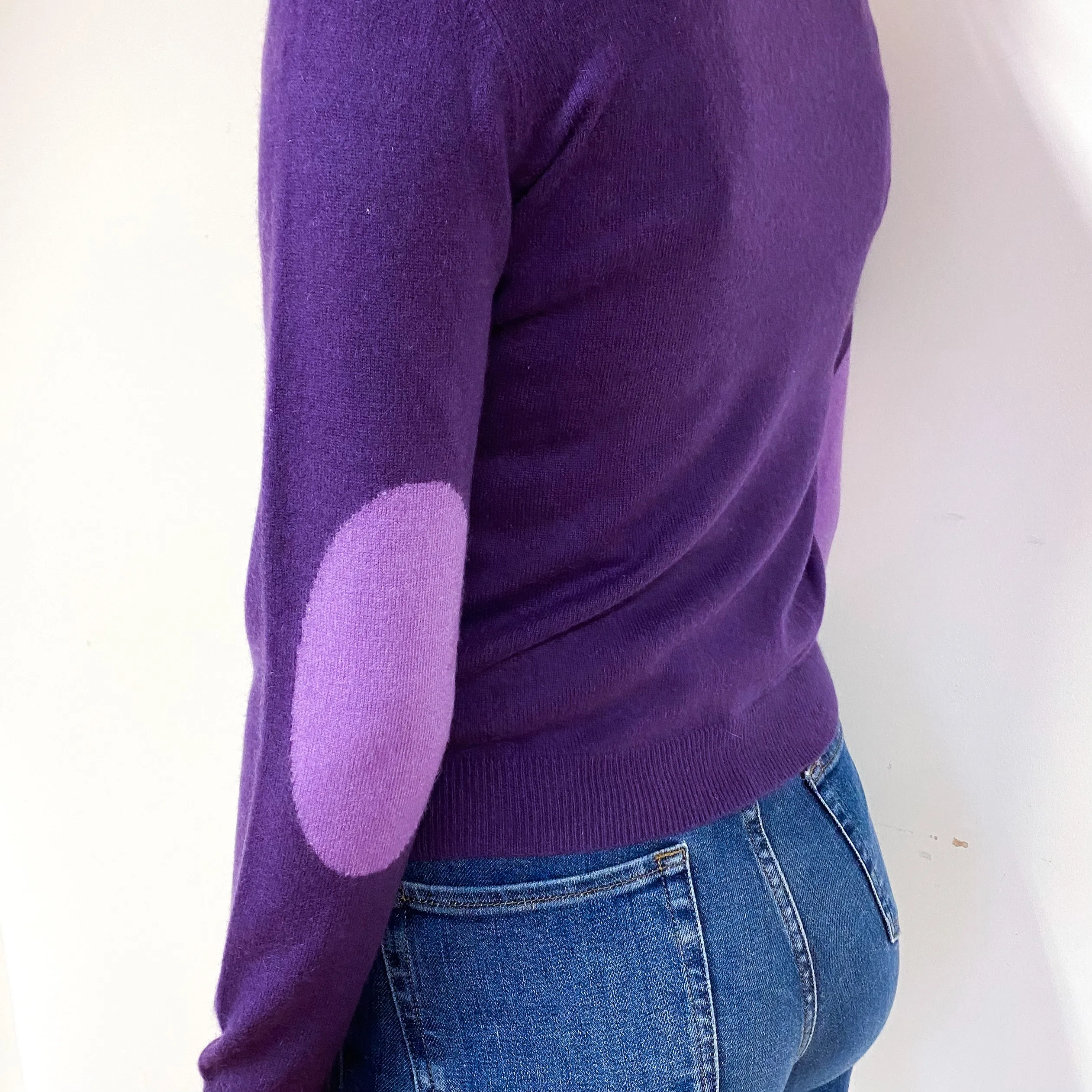Blueberry Purple Elbow Patch Cashmere Crew Neck Jumper Small