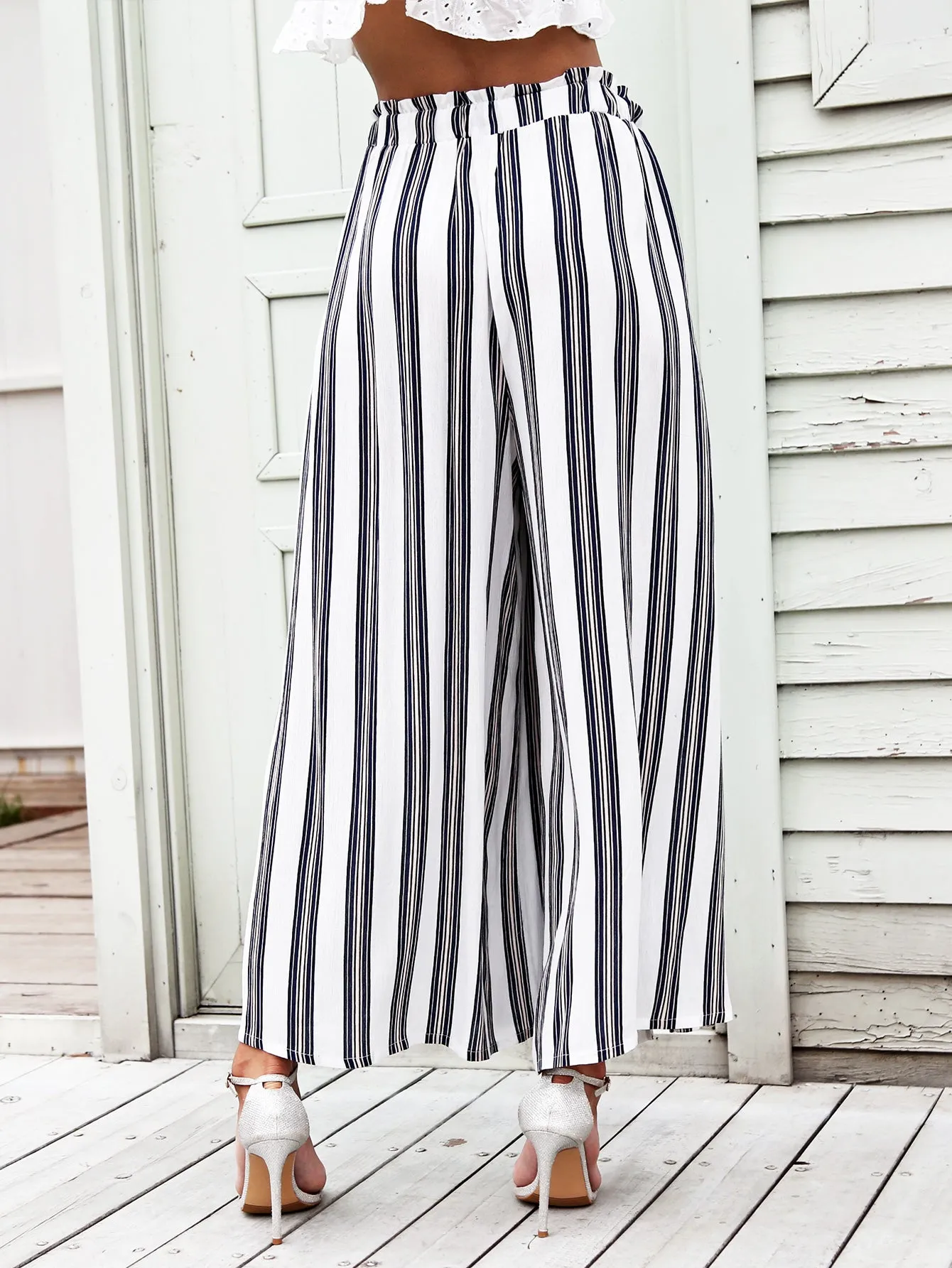 Boho Striped Split Thigh High Waist Cropped Women Pants