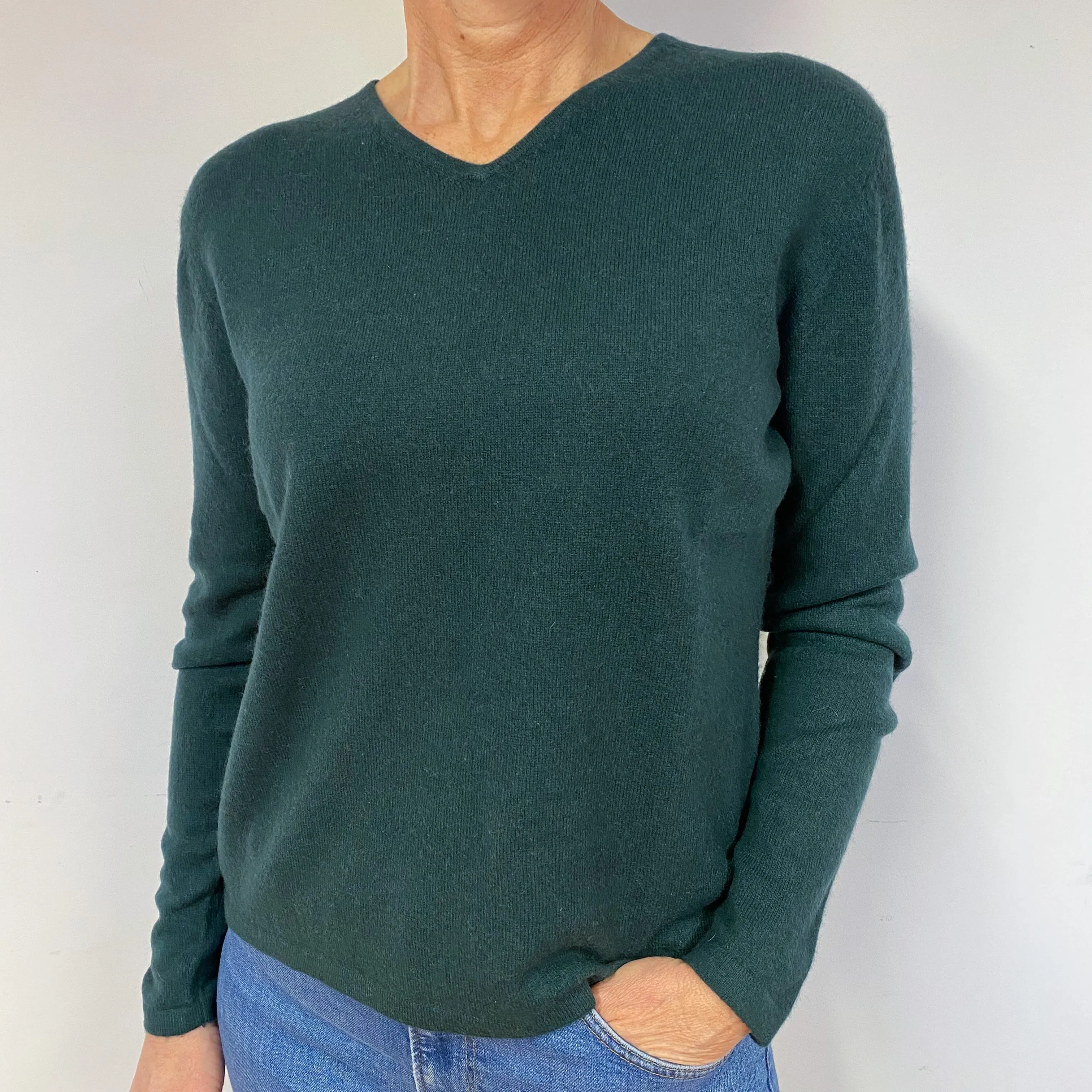 Bottle Green Boxy Cashmere V-Neck Jumper Medium