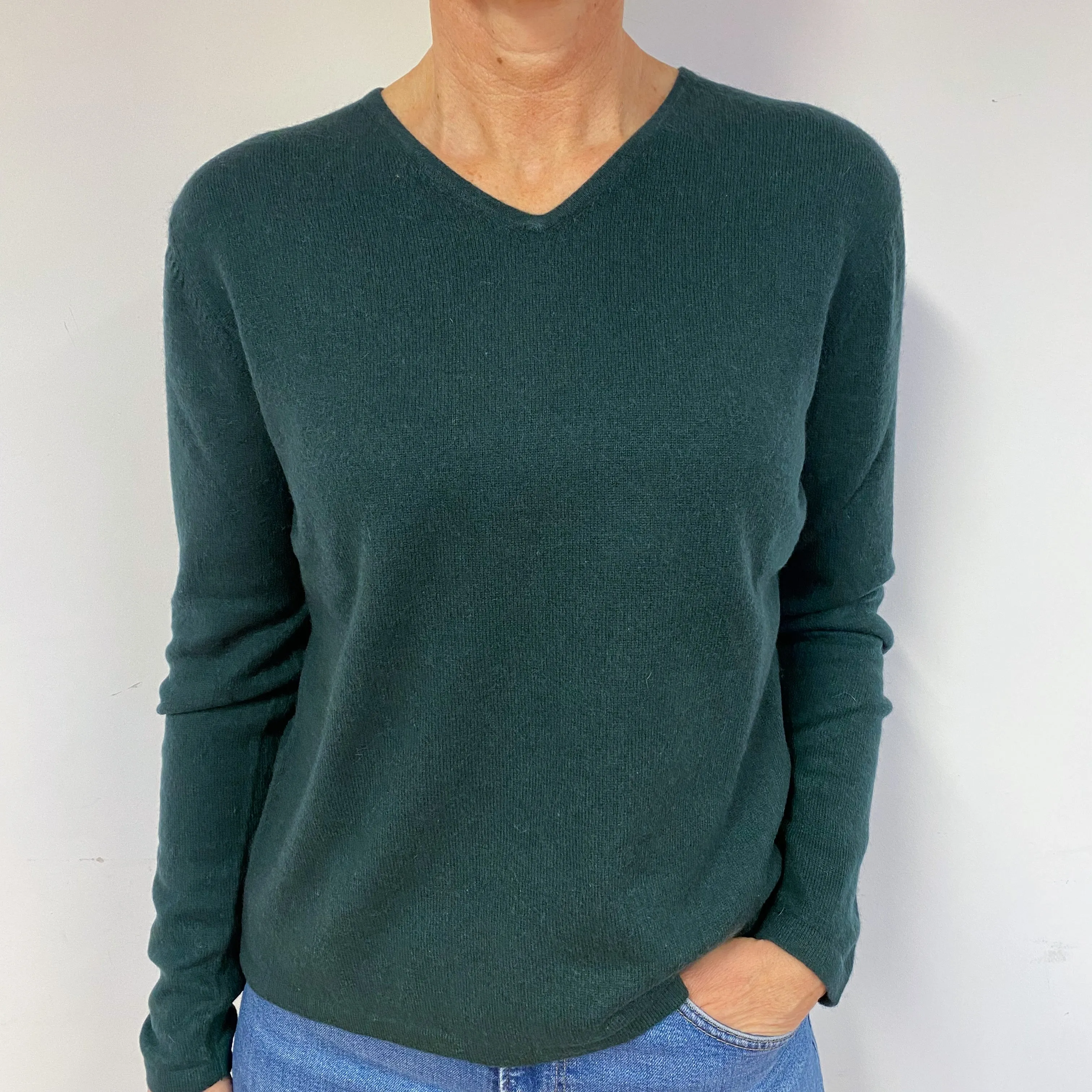 Bottle Green Boxy Cashmere V-Neck Jumper Medium