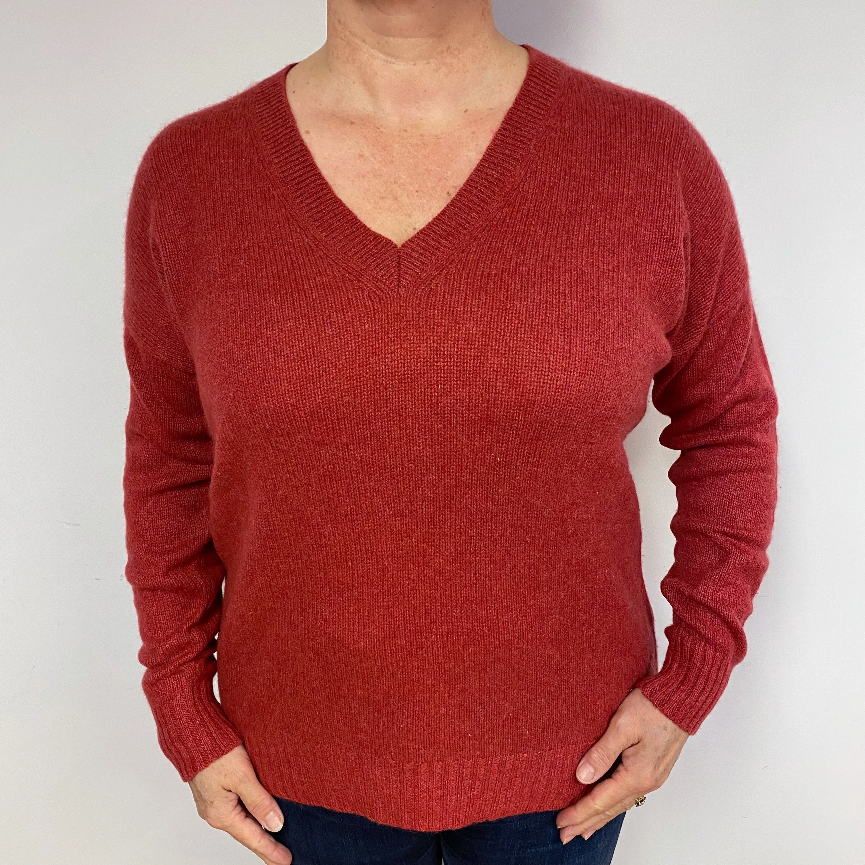 Brick Red Cashmere V-Neck Jumper Large