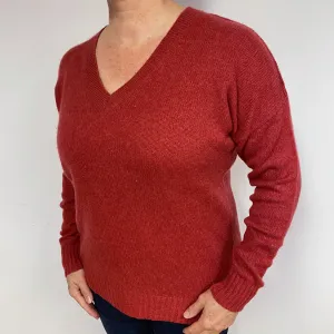 Brick Red Cashmere V-Neck Jumper Large