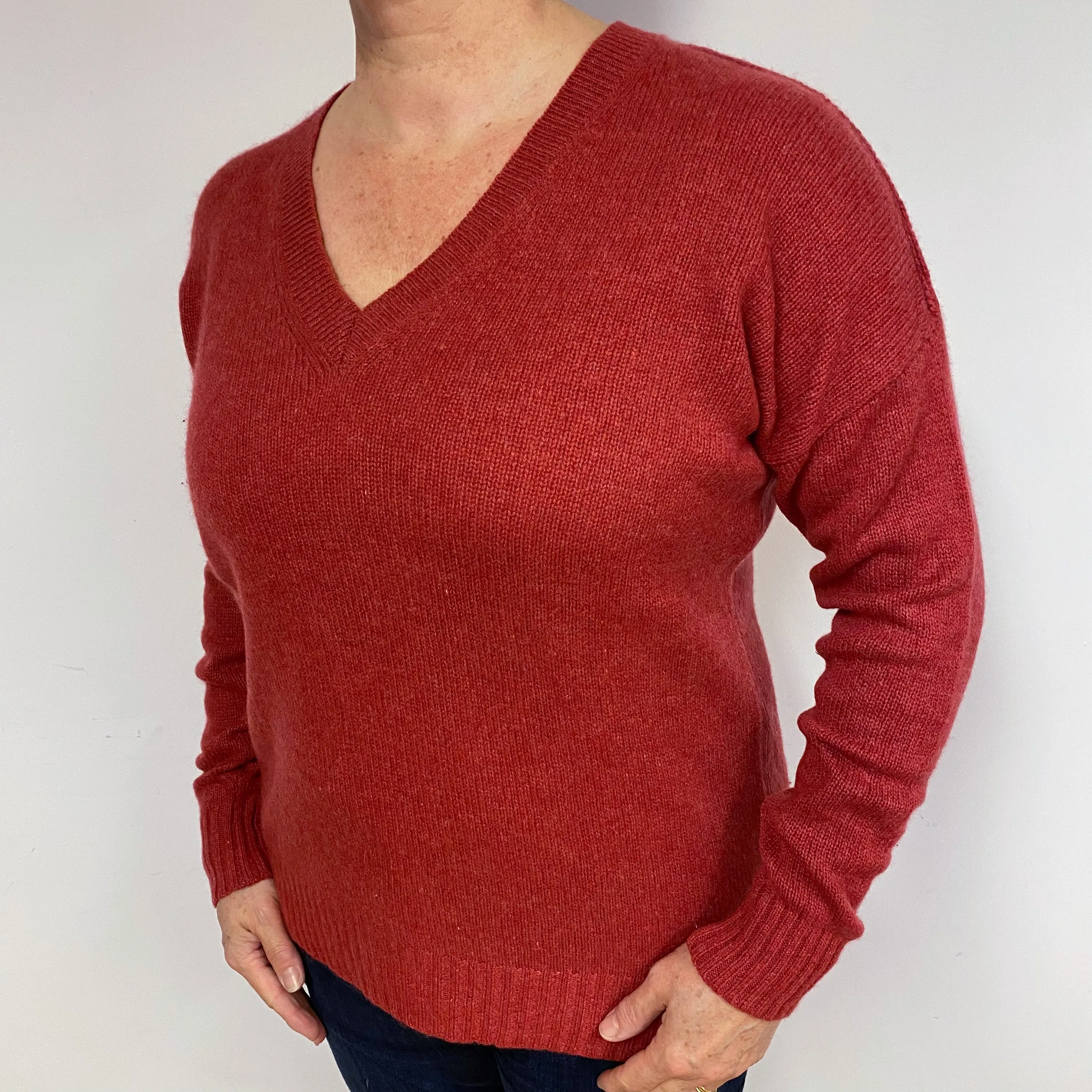 Brick Red Cashmere V-Neck Jumper Large