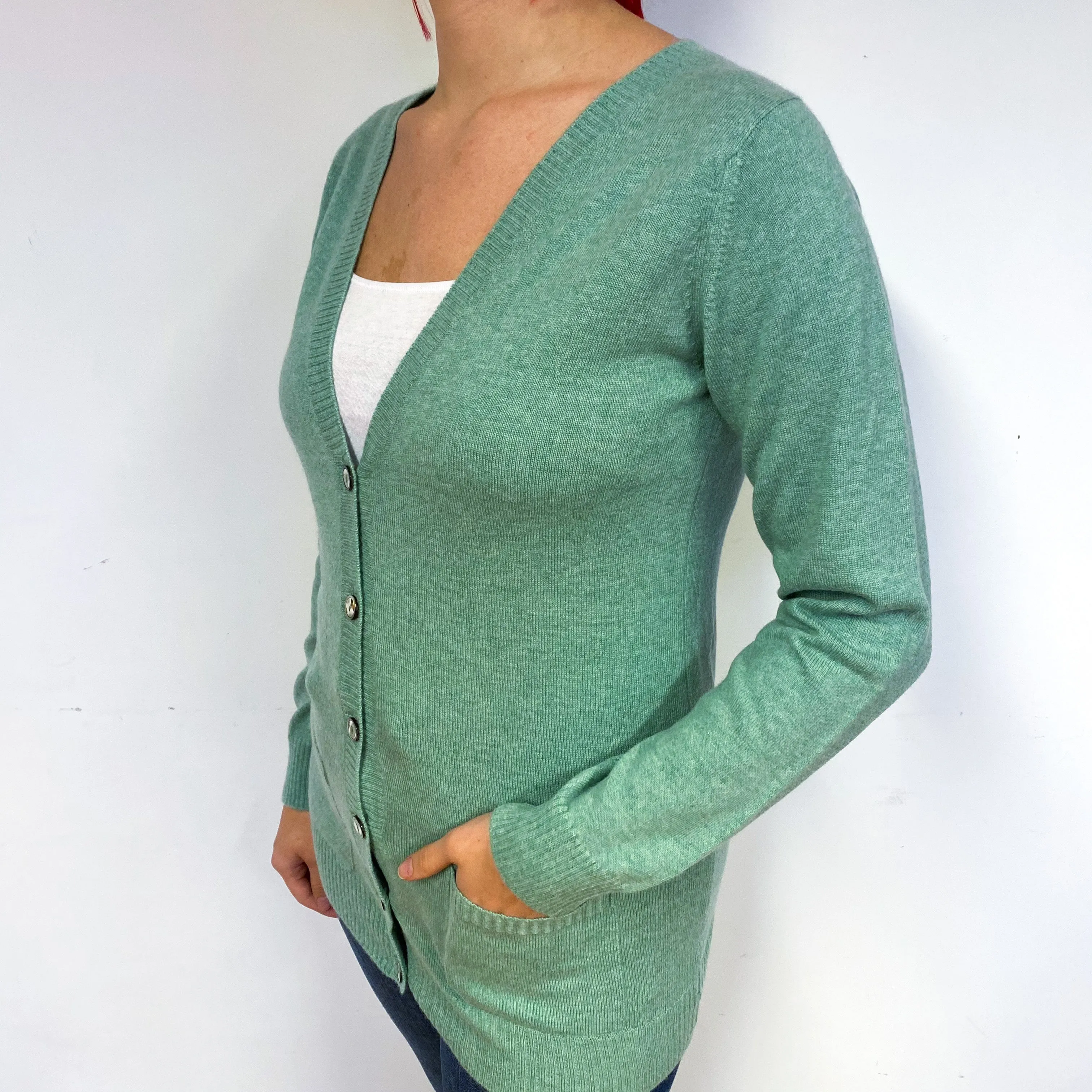 Brora Sea Foam Green Cashmere V-Neck Cardigan Small