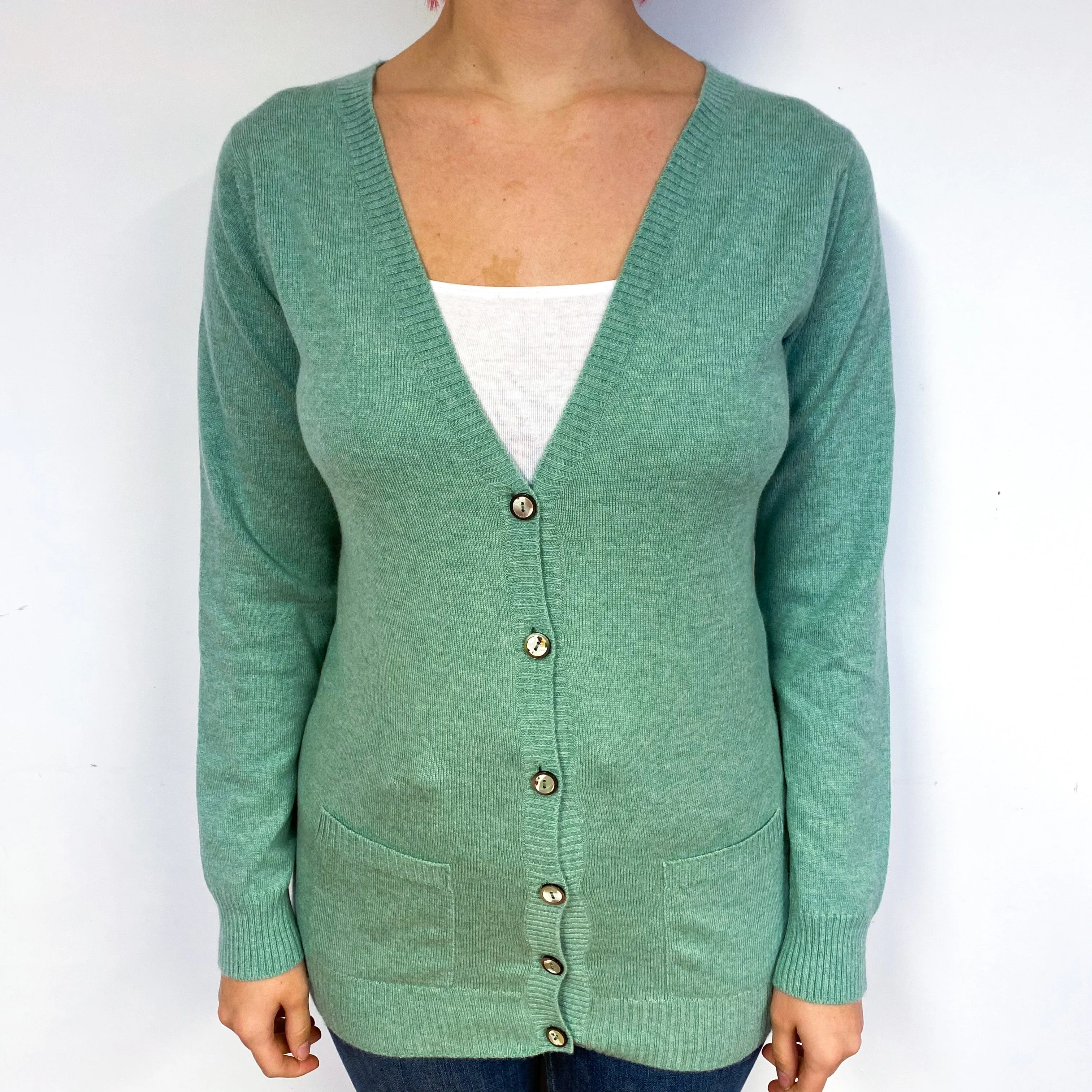 Brora Sea Foam Green Cashmere V-Neck Cardigan Small