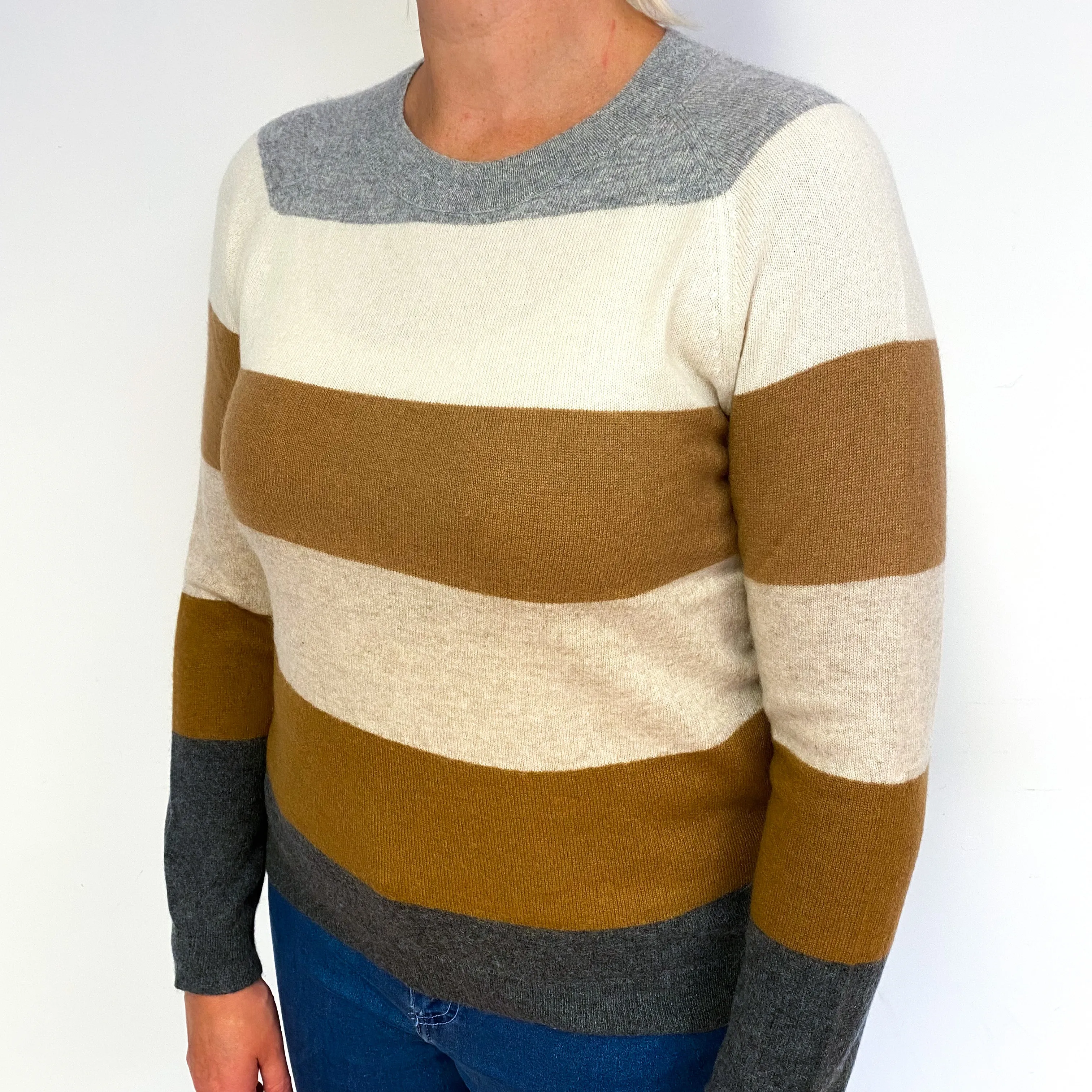 Brown and Grey Stripe Cashmere Crew Neck Jumper Large