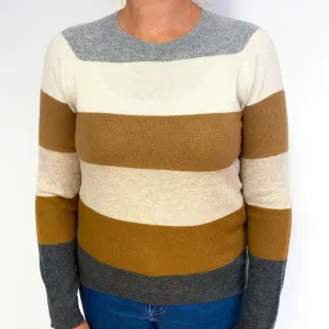Brown and Grey Stripe Cashmere Crew Neck Jumper Large