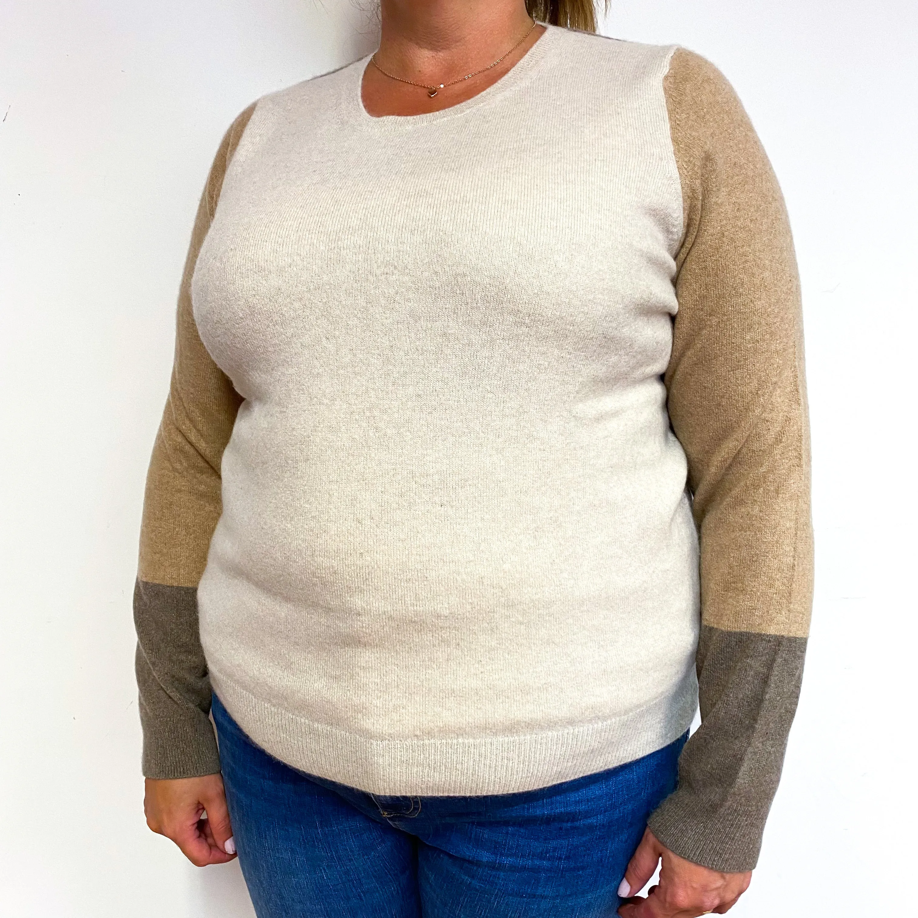 Brown Colour Block Cashmere Crew Neck Jumper Extra Large