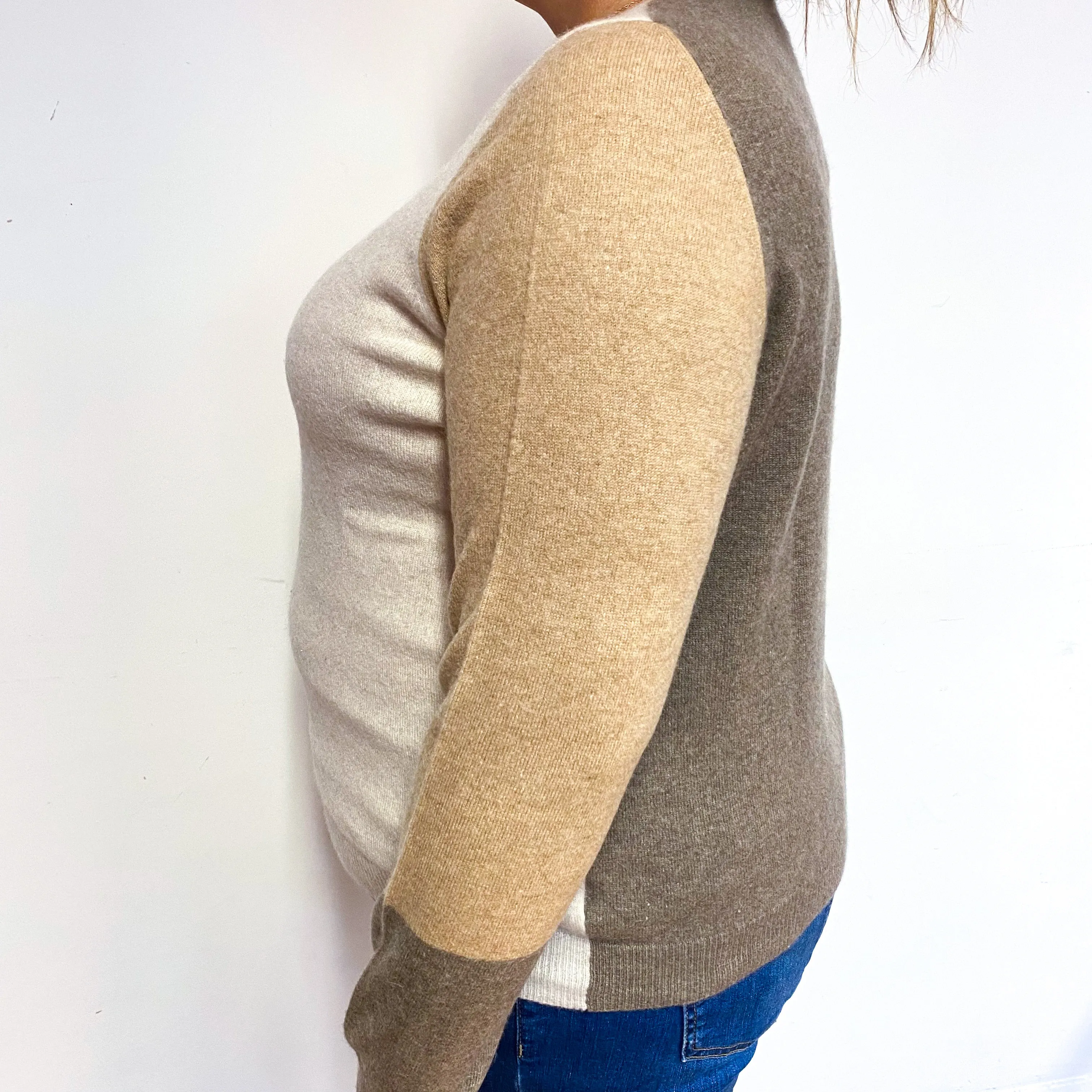 Brown Colour Block Cashmere Crew Neck Jumper Extra Large