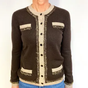 Brown Gold Trimmed Cashmere Crew Neck Cardigan Medium