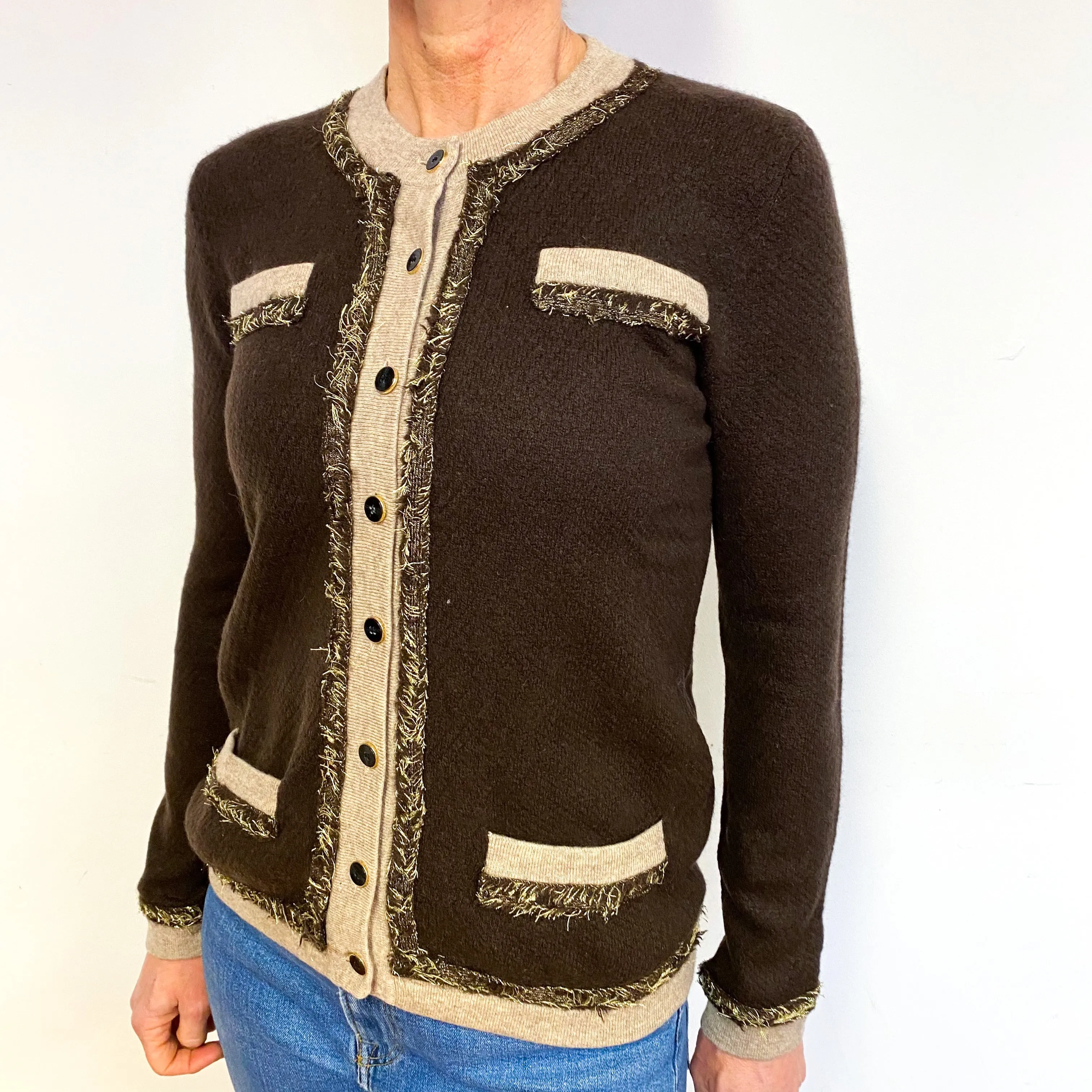 Brown Gold Trimmed Cashmere Crew Neck Cardigan Medium